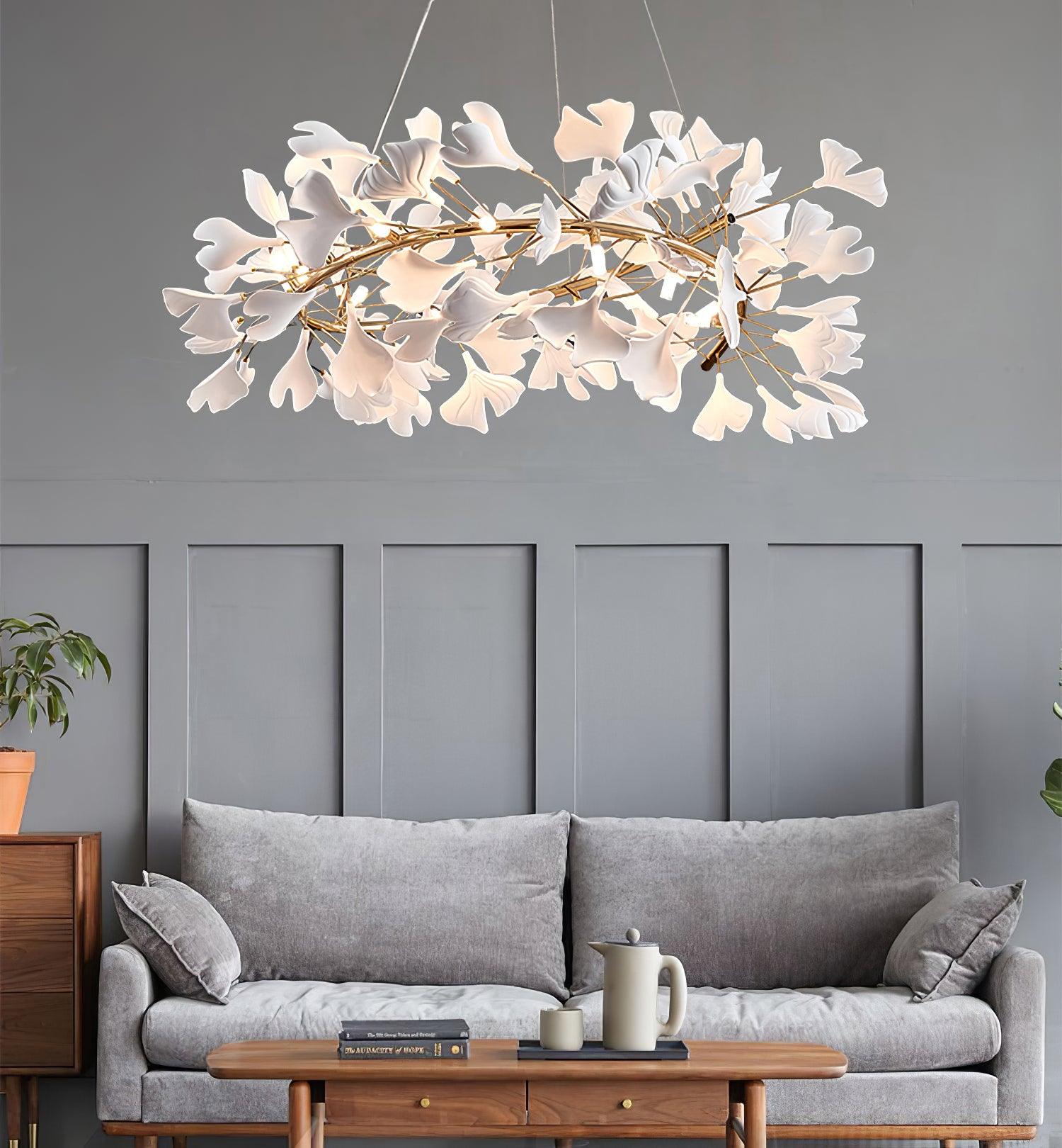 Umberis Pendant Lamp Gingko Porcelain Leaves Gold-Neutral Decor