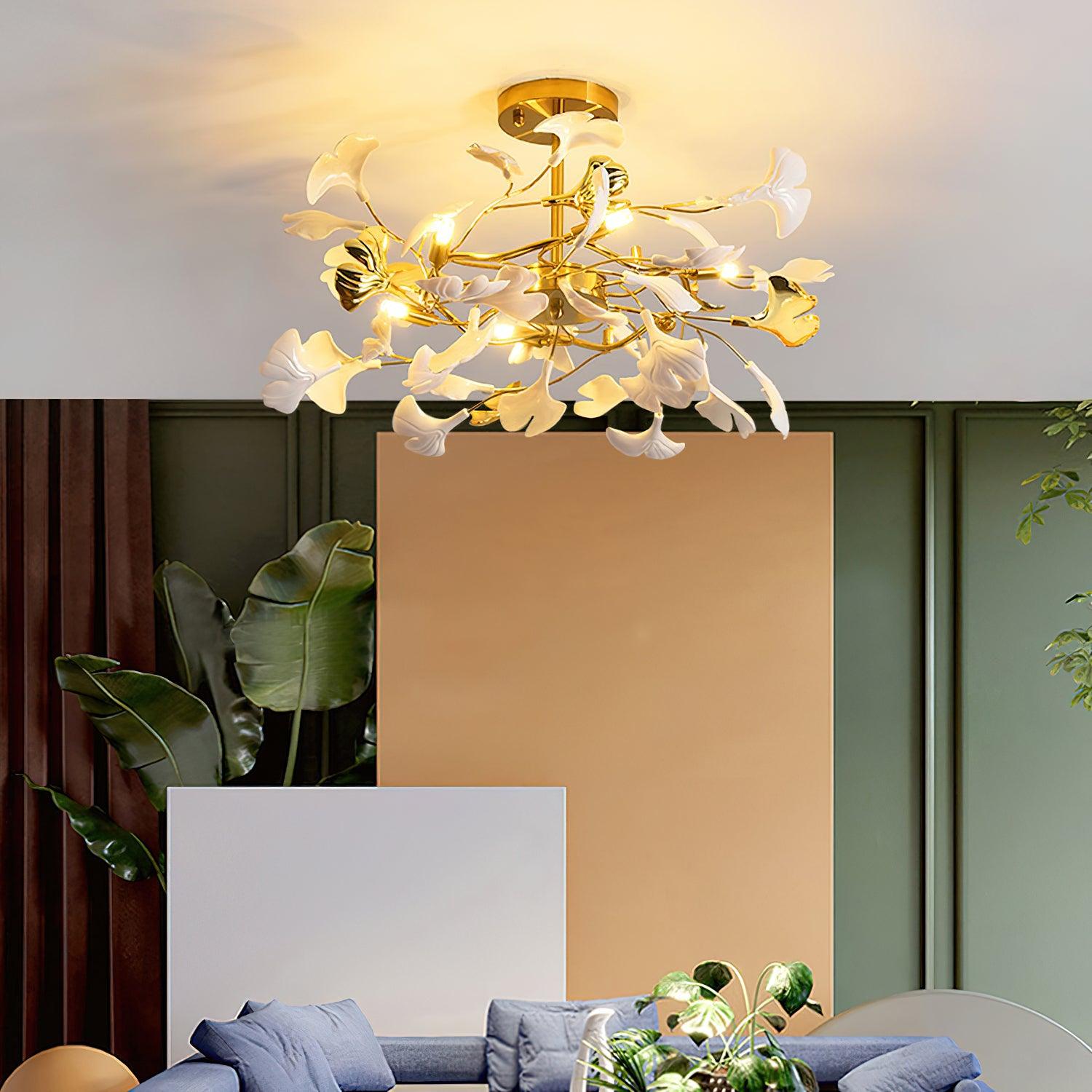 Taro Pendant Lamp Gingko Ceramic Leaves Gold-Neutral Decor