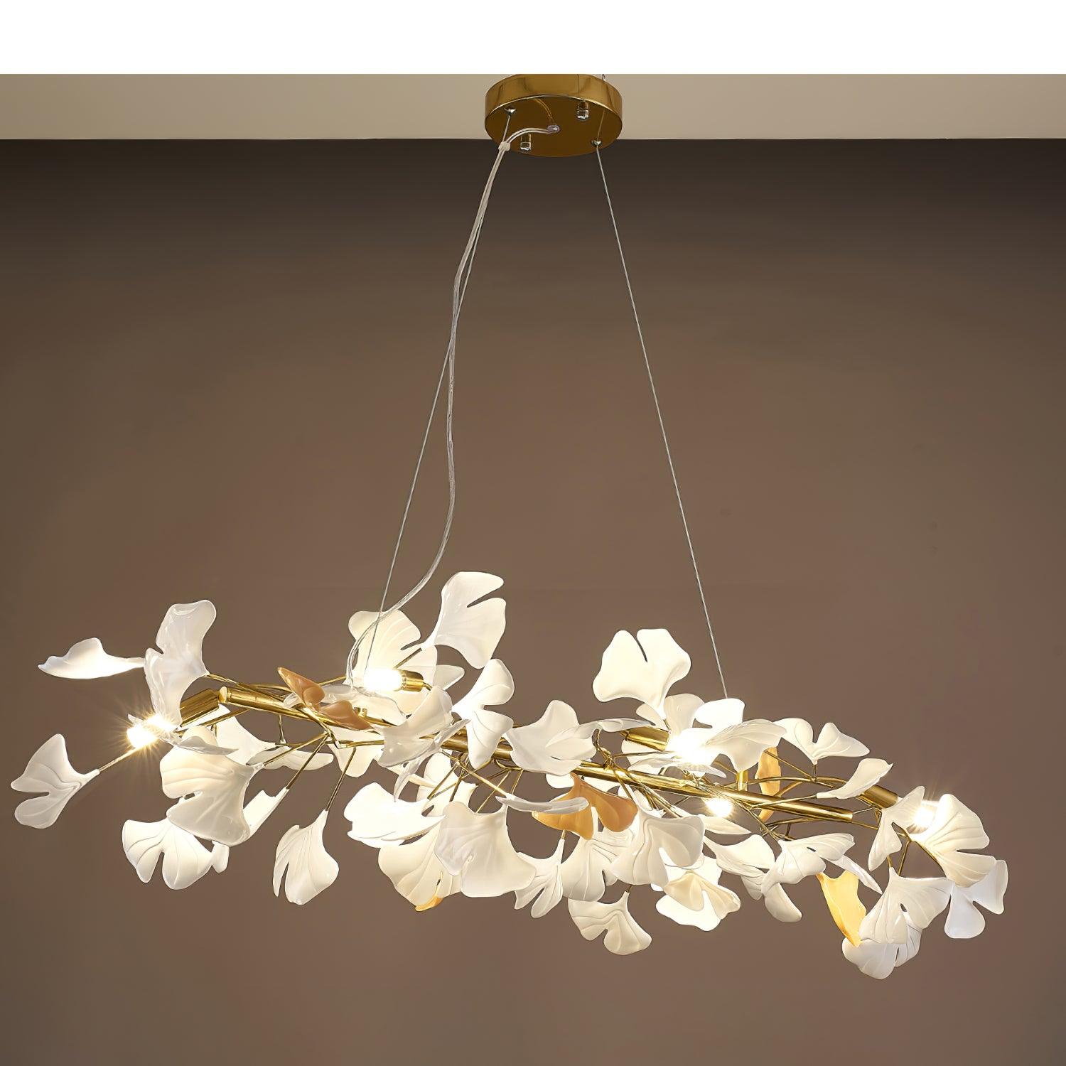 Chandelier Metal Frame Ceramic Gingko White Gold Shade Modern Art