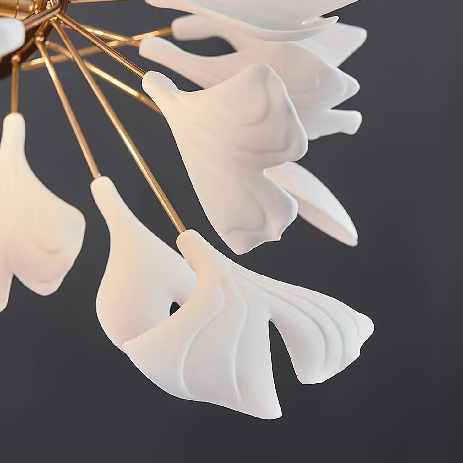Chandelier Metal Frame Ceramic Gingko White Gold Shade Modern Art