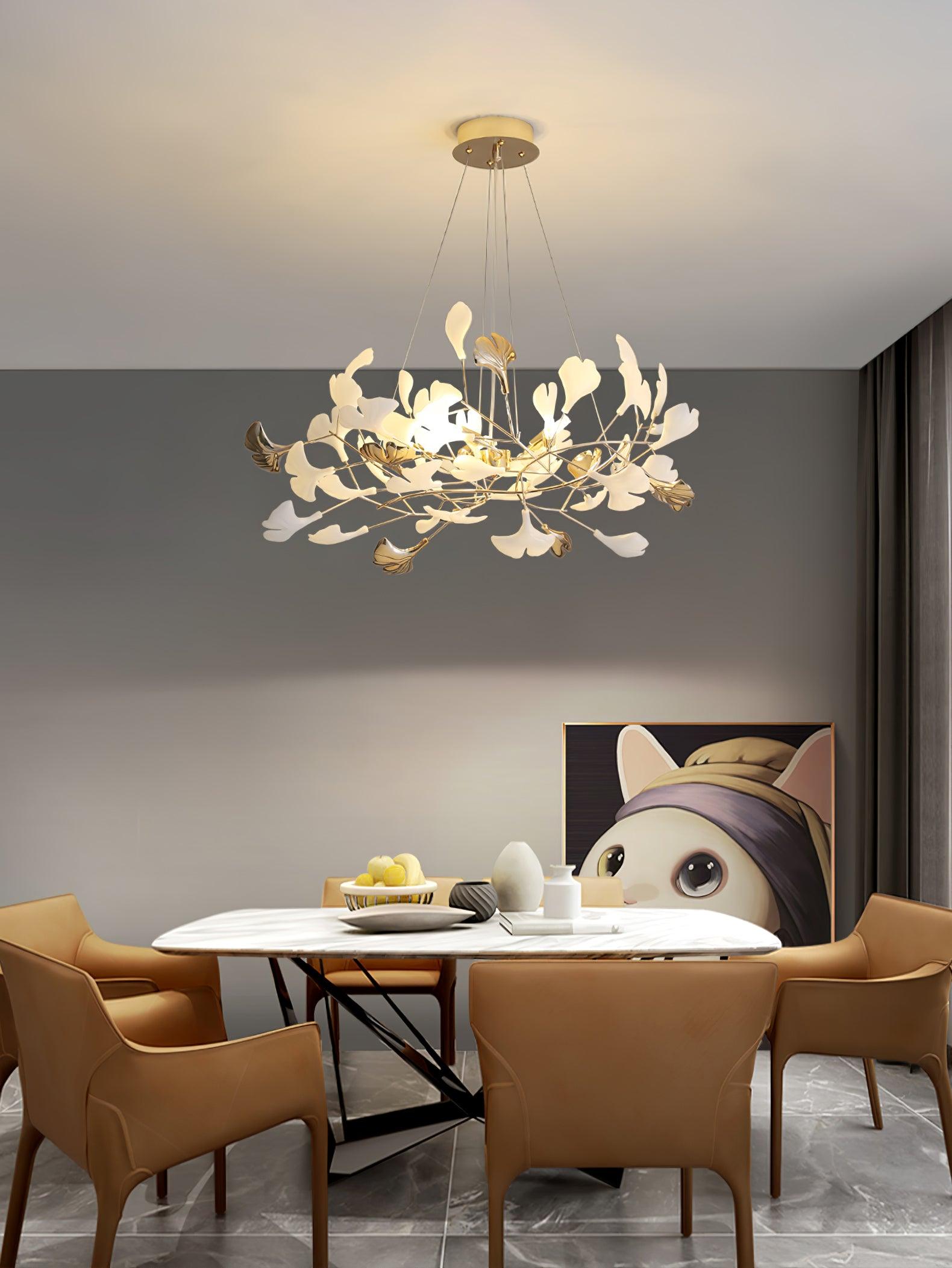 Lustra Chandelier Gingko Ceramic Leaves Iron Frame-Neutral Decor
