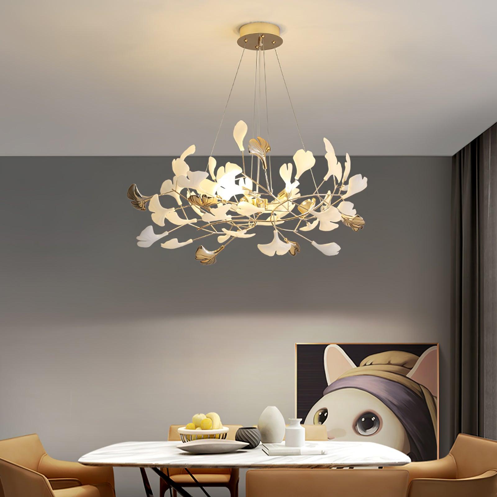 Lustra Chandelier Gingko Ceramic Leaves Iron Frame-Neutral Decor