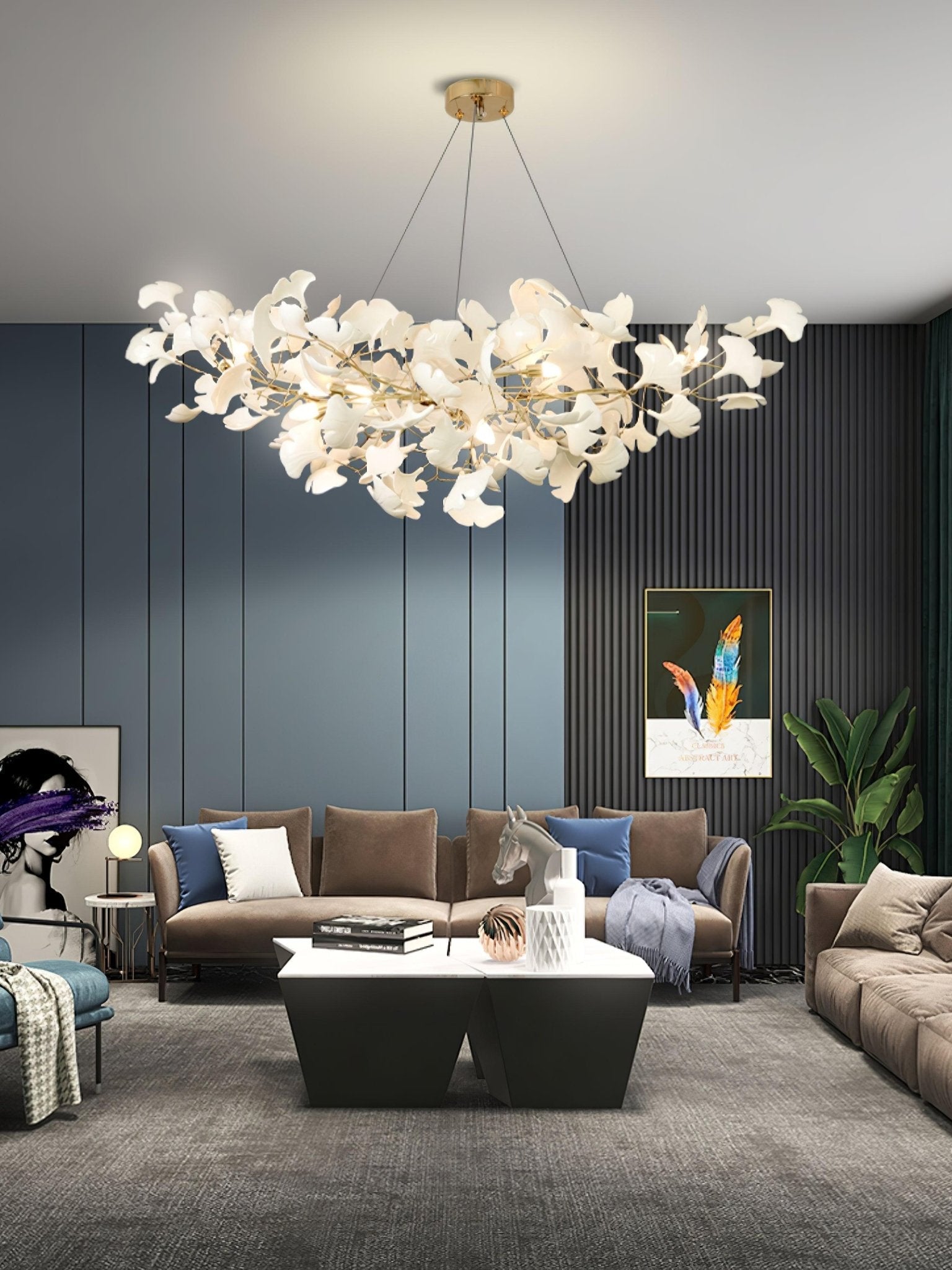 Veveno Chandelier Gingko S Ceramic Petals Brass-Neutral Decor