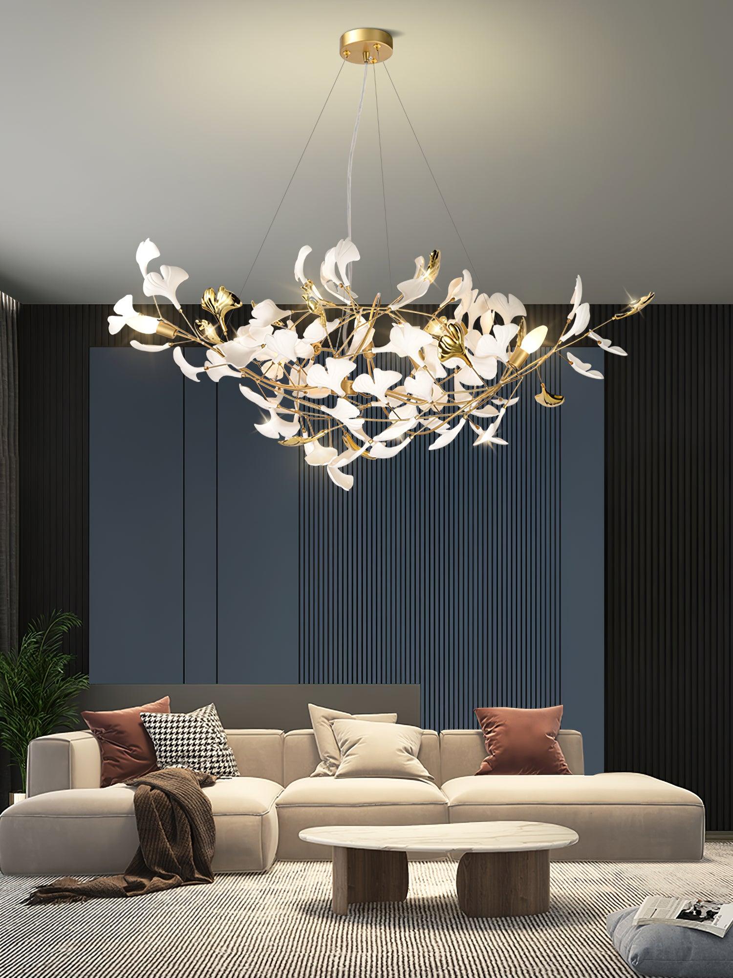 Veveno Chandelier Gingko S Ceramic Petals Brass-Neutral Decor