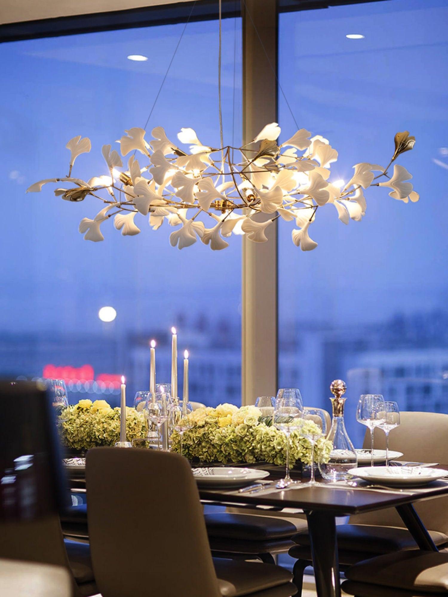 Veveno Chandelier Gingko S Ceramic Petals Brass-Neutral Decor