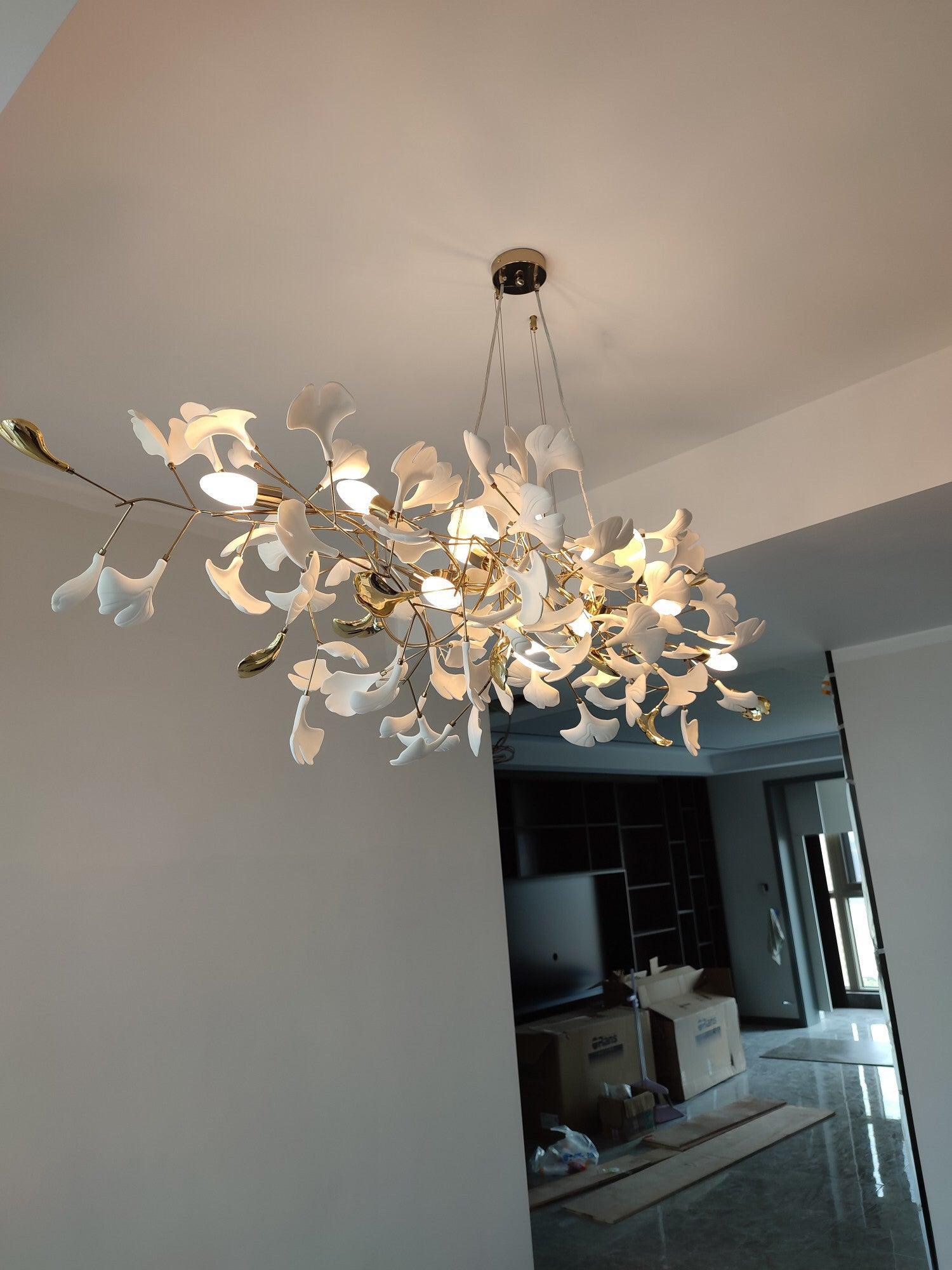 Veveno Chandelier Gingko S Ceramic Petals Brass-Neutral Decor