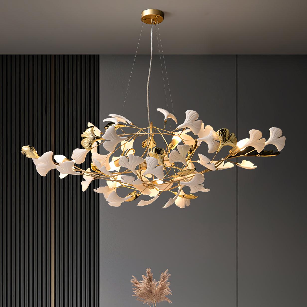 Veveno Chandelier Gingko S Ceramic Petals Brass-Neutral Decor