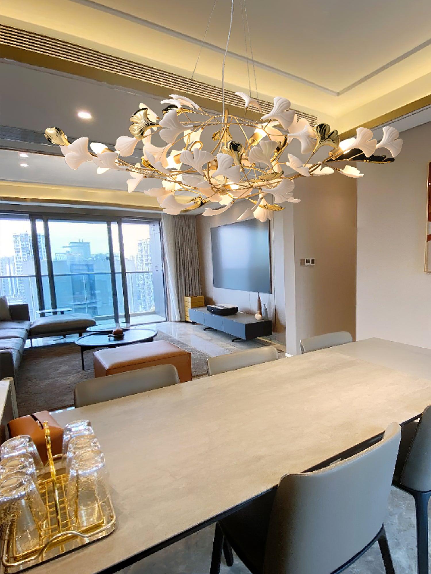 Veveno Chandelier Gingko S Ceramic Petals Brass-Neutral Decor