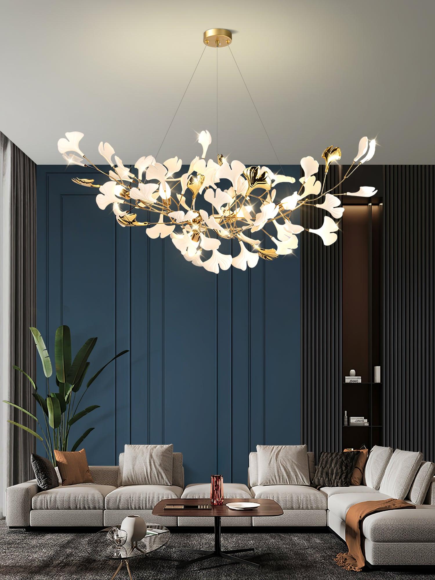 Veveno Chandelier Gingko S Ceramic Petals Brass-Neutral Decor