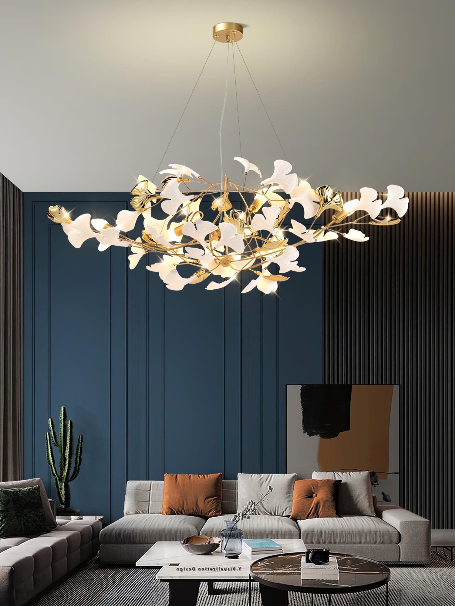 Veveno Chandelier Gingko S Ceramic Petals Brass-Neutral Decor