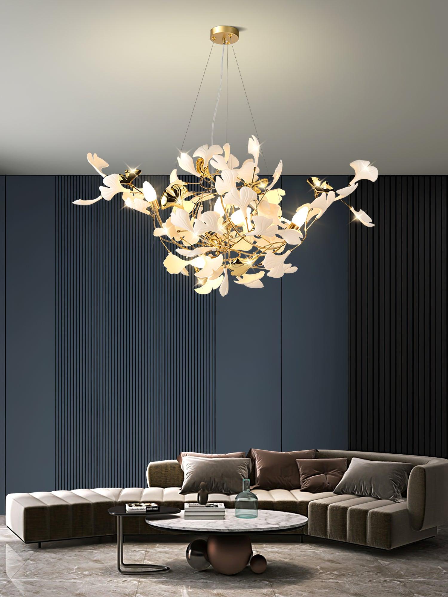 Veveno Chandelier Gingko S Ceramic Petals Brass-Neutral Decor