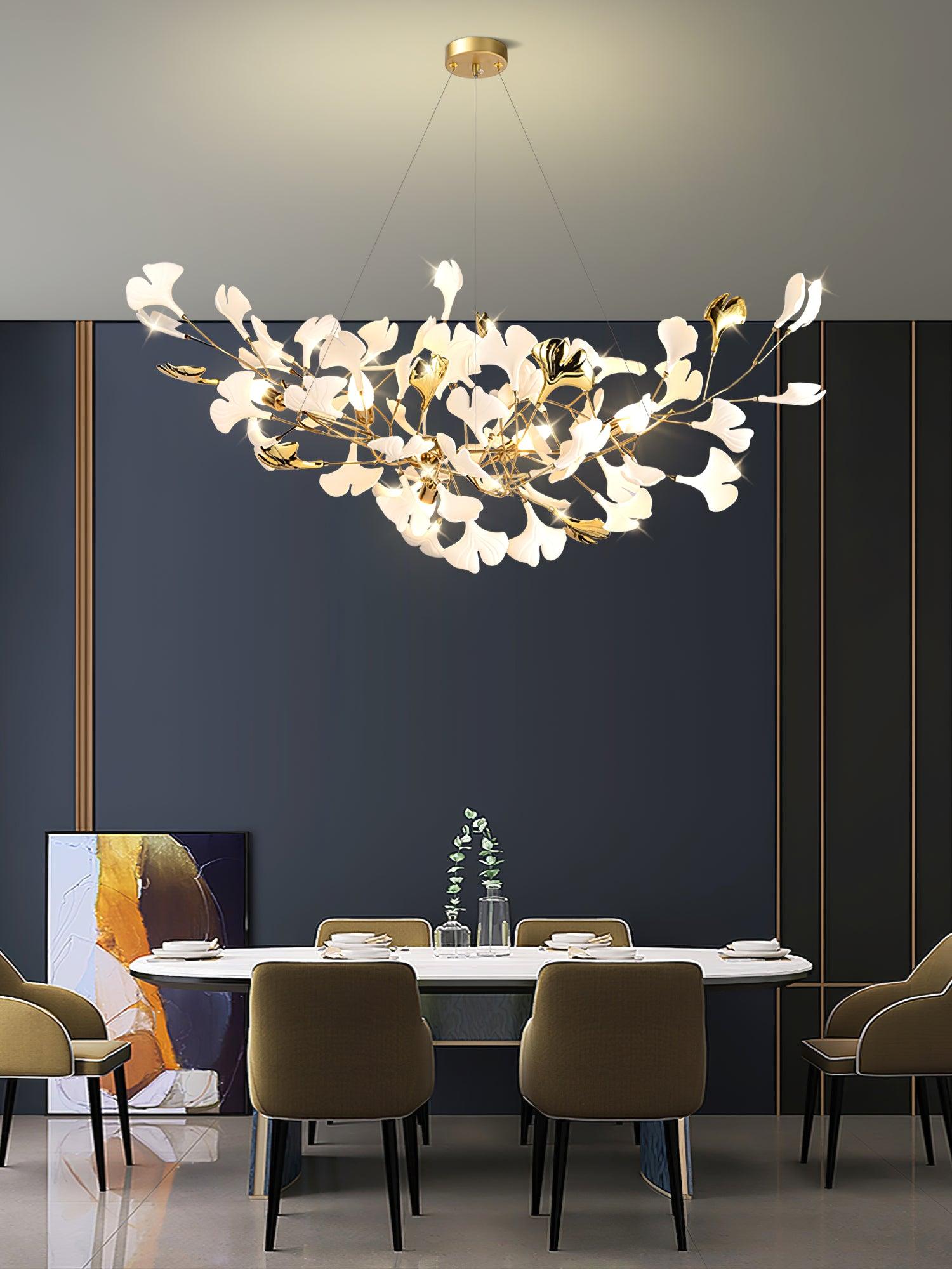 Veveno Chandelier Gingko S Ceramic Petals Brass-Neutral Decor