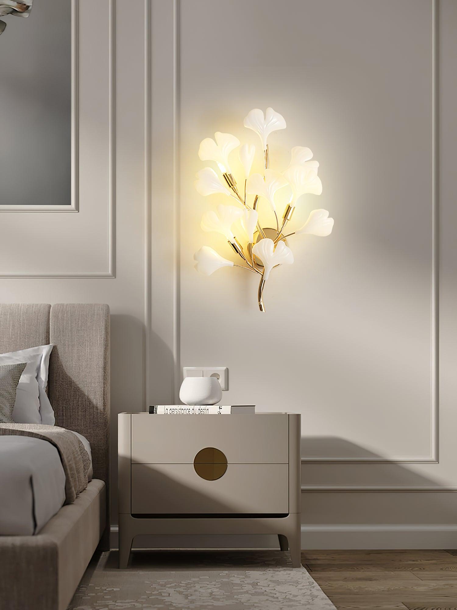 Wall Lamp Gingko Ceramic Petal Shades Gold Art Nouveau