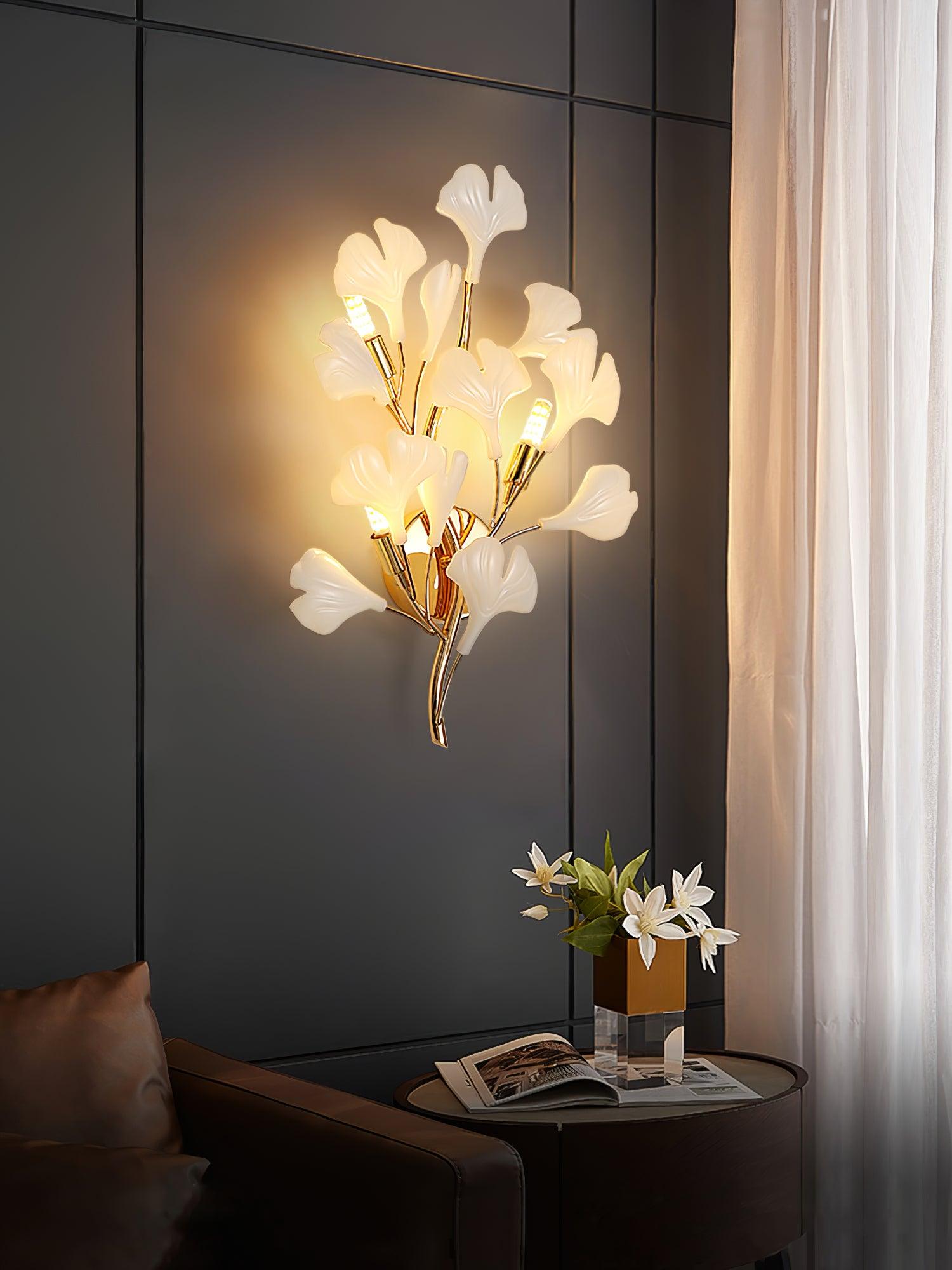 Wall Lamp Gingko Ceramic Petal Shades Gold Art Nouveau