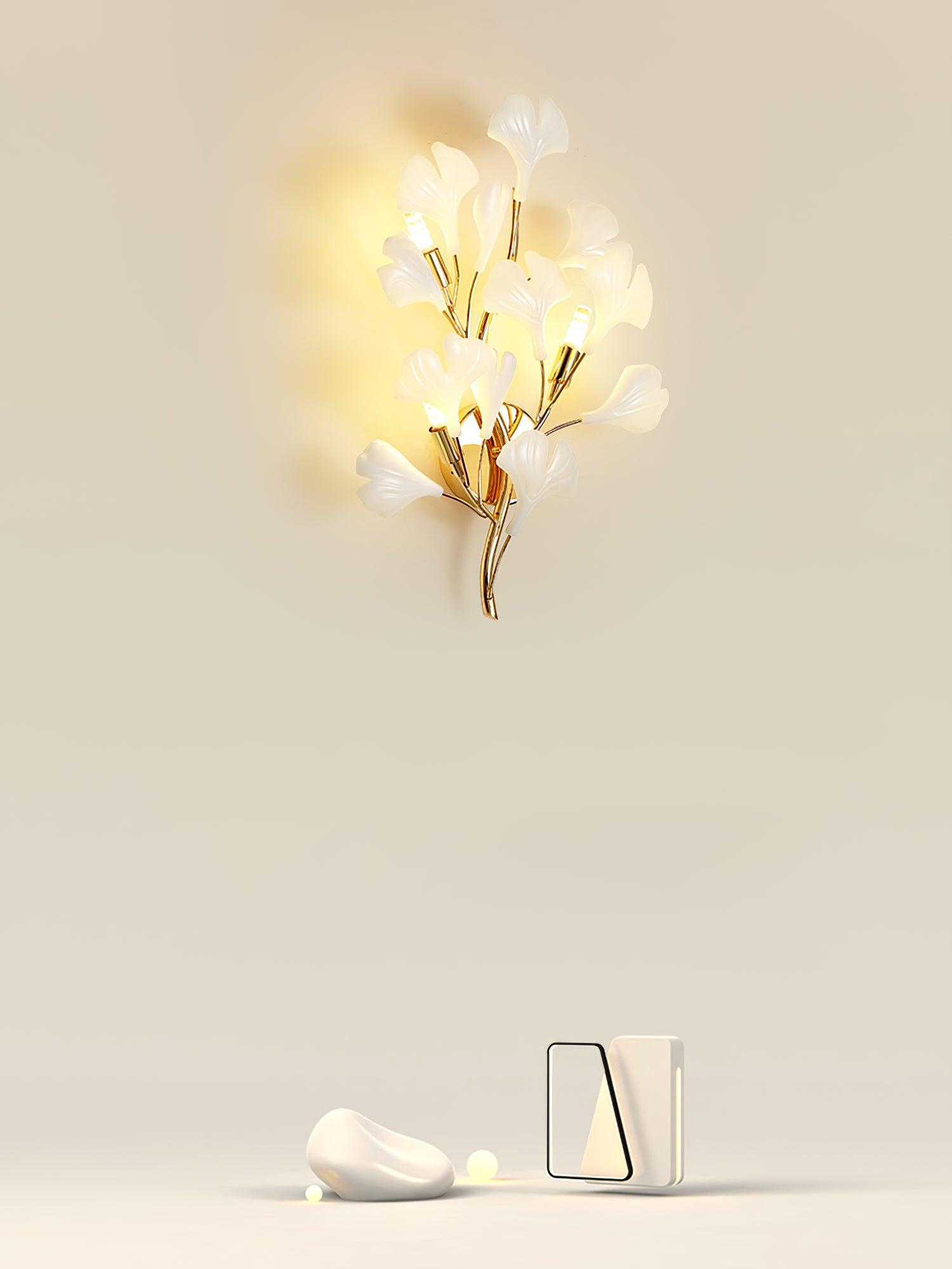 Wall Lamp Gingko Ceramic Petal Shades Gold Art Nouveau