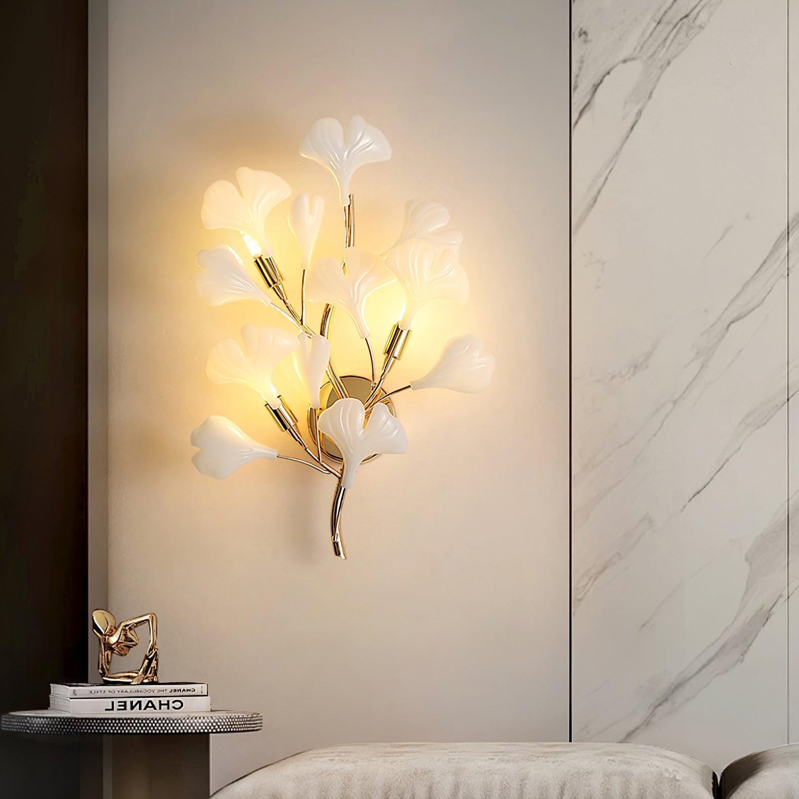 Wall Lamp Gingko Ceramic Petal Shades Gold Art Nouveau