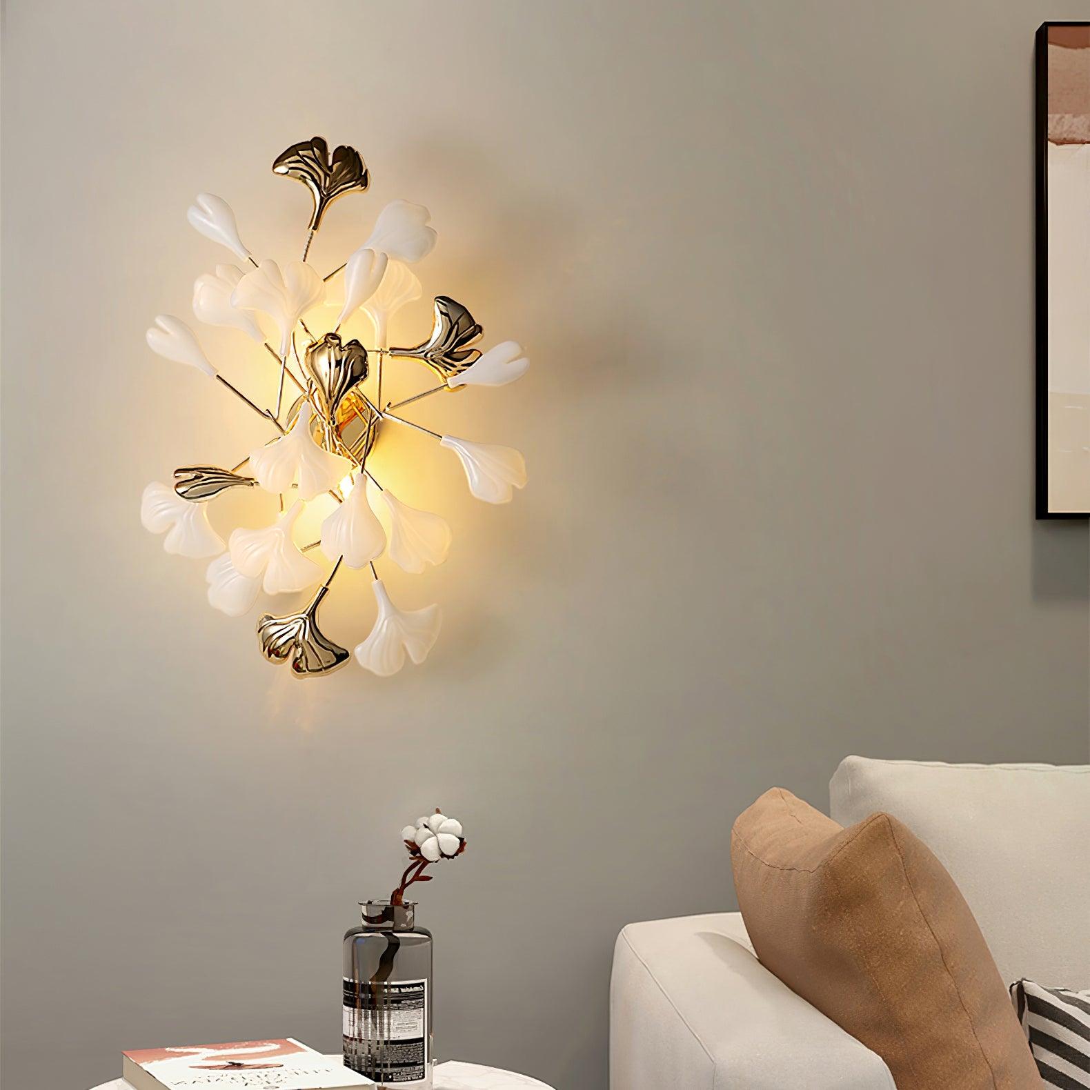 Wall Lamp Gingko Ceramic Petal Shades Gold Art Nouveau