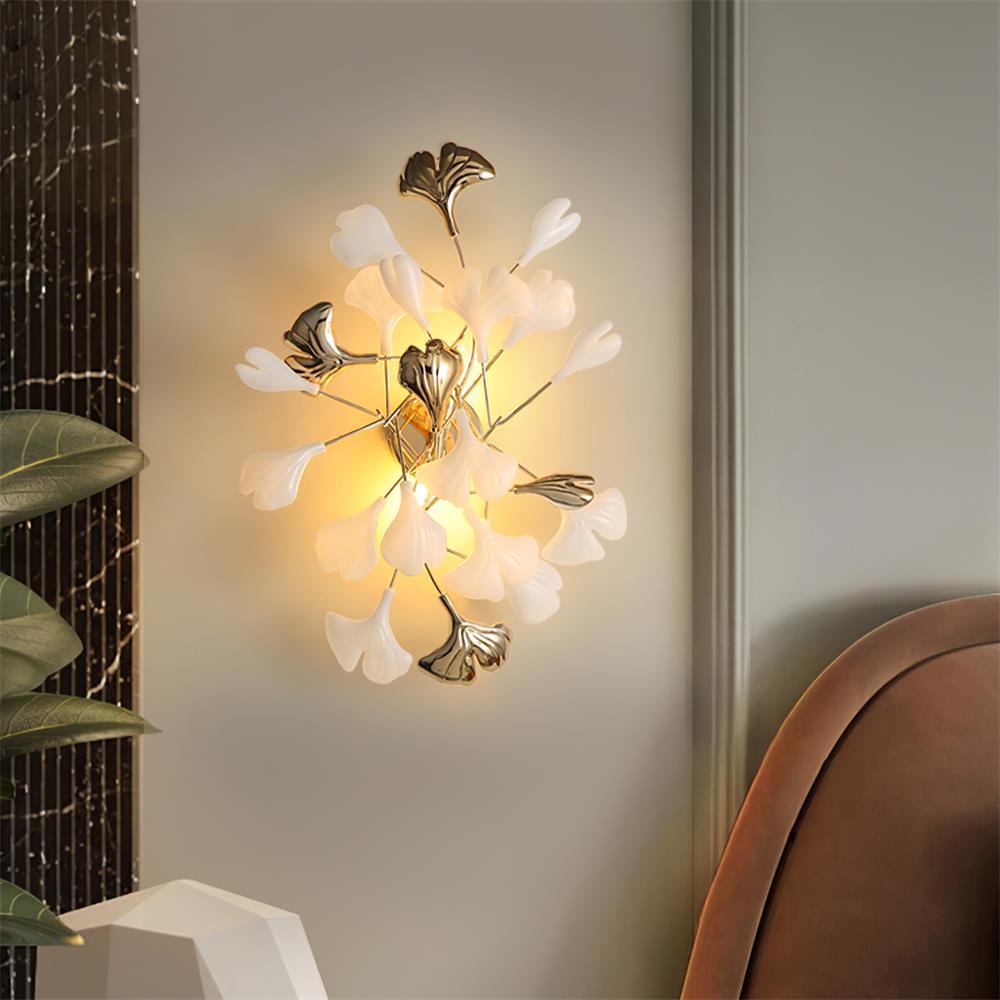 Wall Lamp Gingko Ceramic Petal Shades Gold Art Nouveau