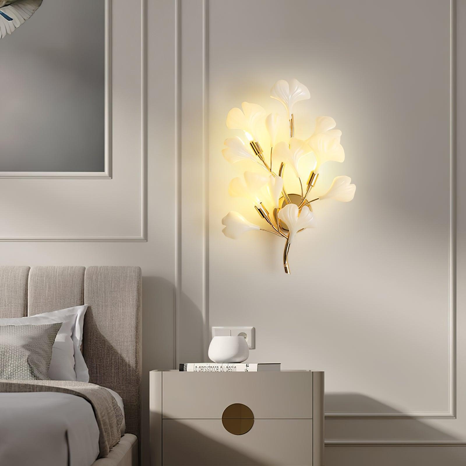 Wall Lamp Gingko Ceramic Petal Shades Gold Art Nouveau