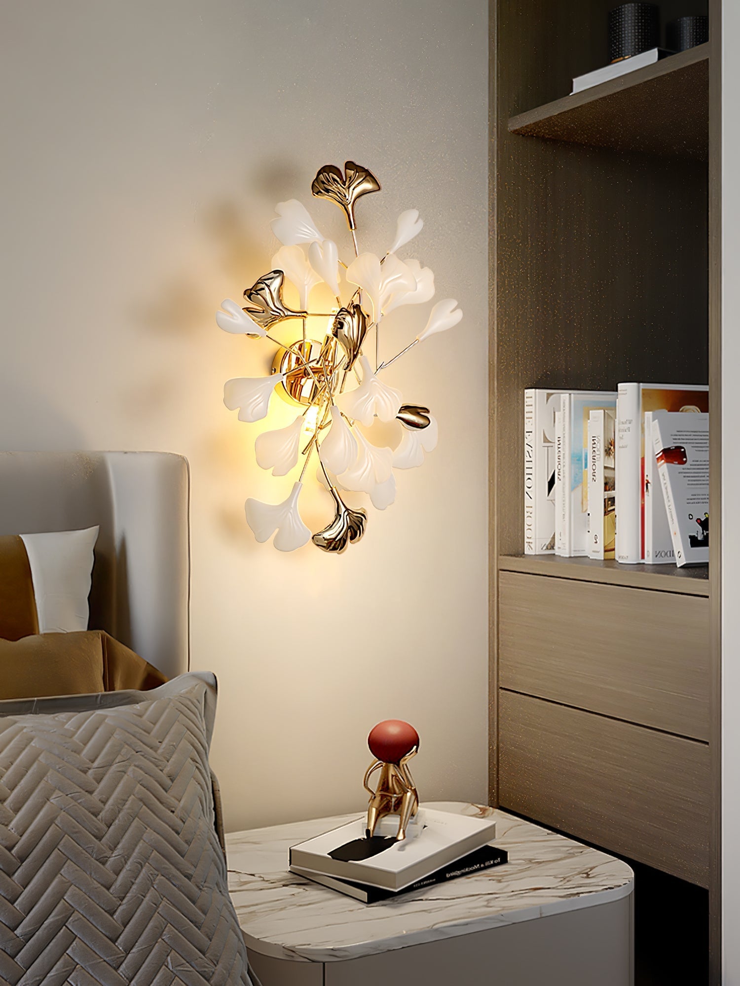 Oakes Postmodern Luxury Gingko Ceramics Wall Lamp-Neutral Decor