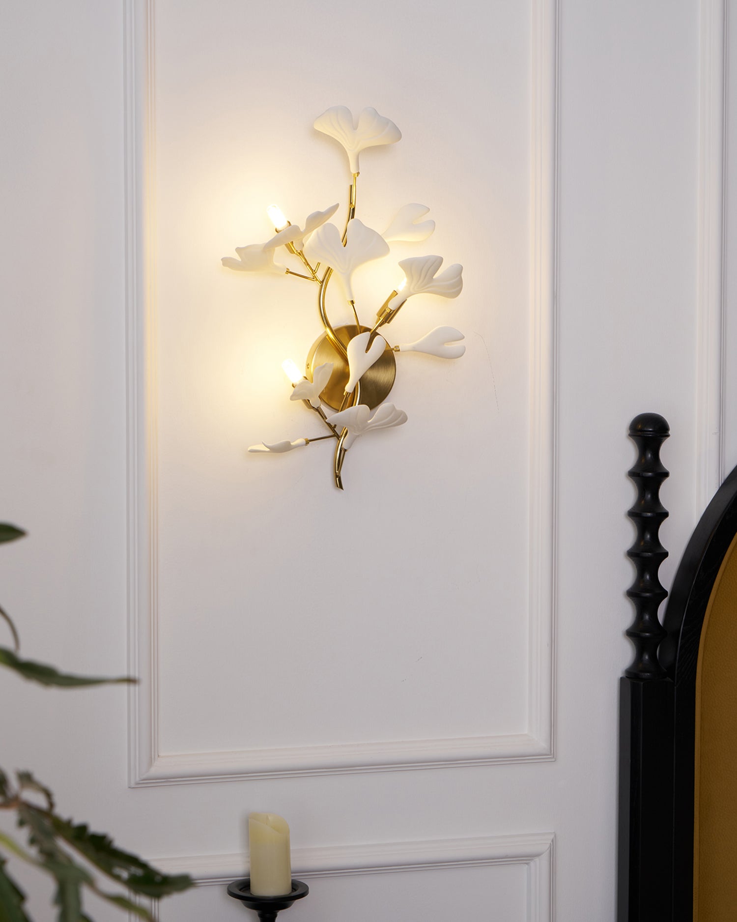 Wall Lamp Gingko Ceramic Petal Shades Gold Art Nouveau