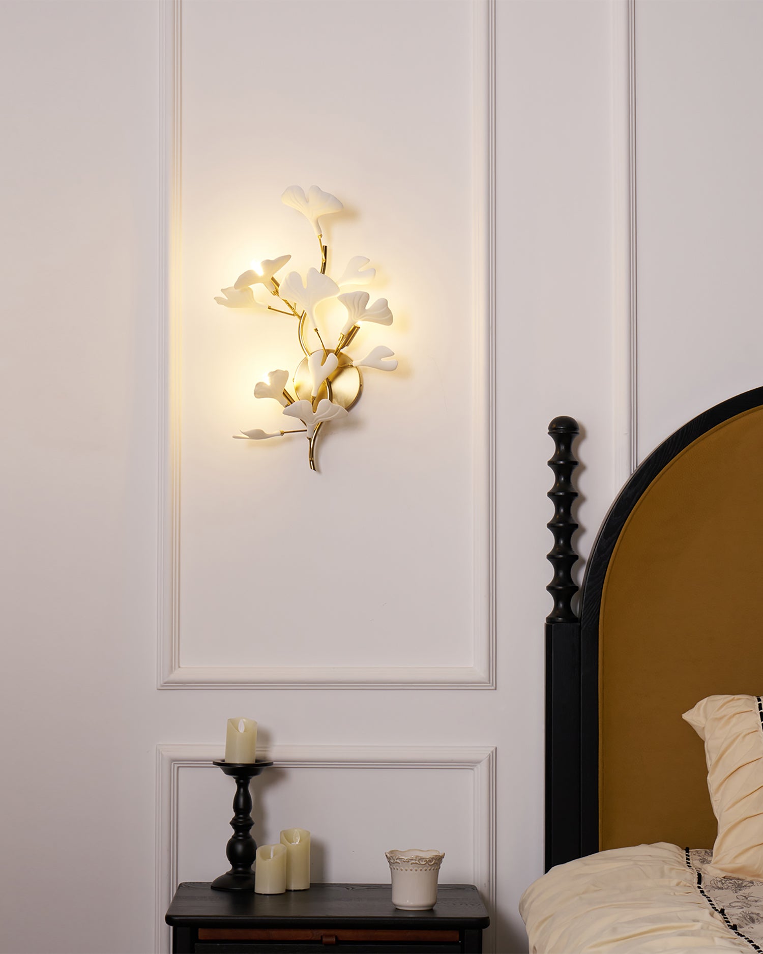 Wall Lamp Gingko Ceramic Petal Shades Gold Art Nouveau