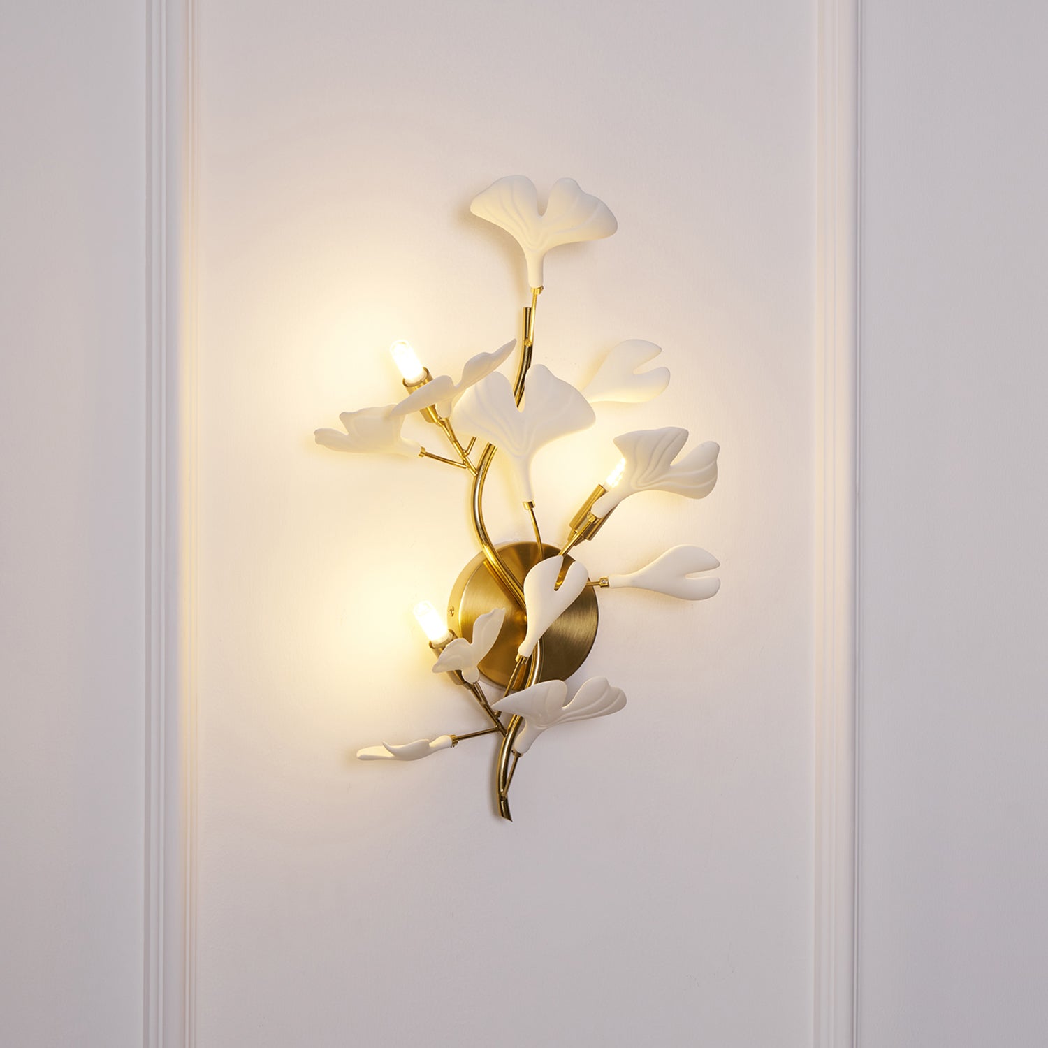 Wall Lamp Gingko Ceramic Petal Shades Gold Art Nouveau