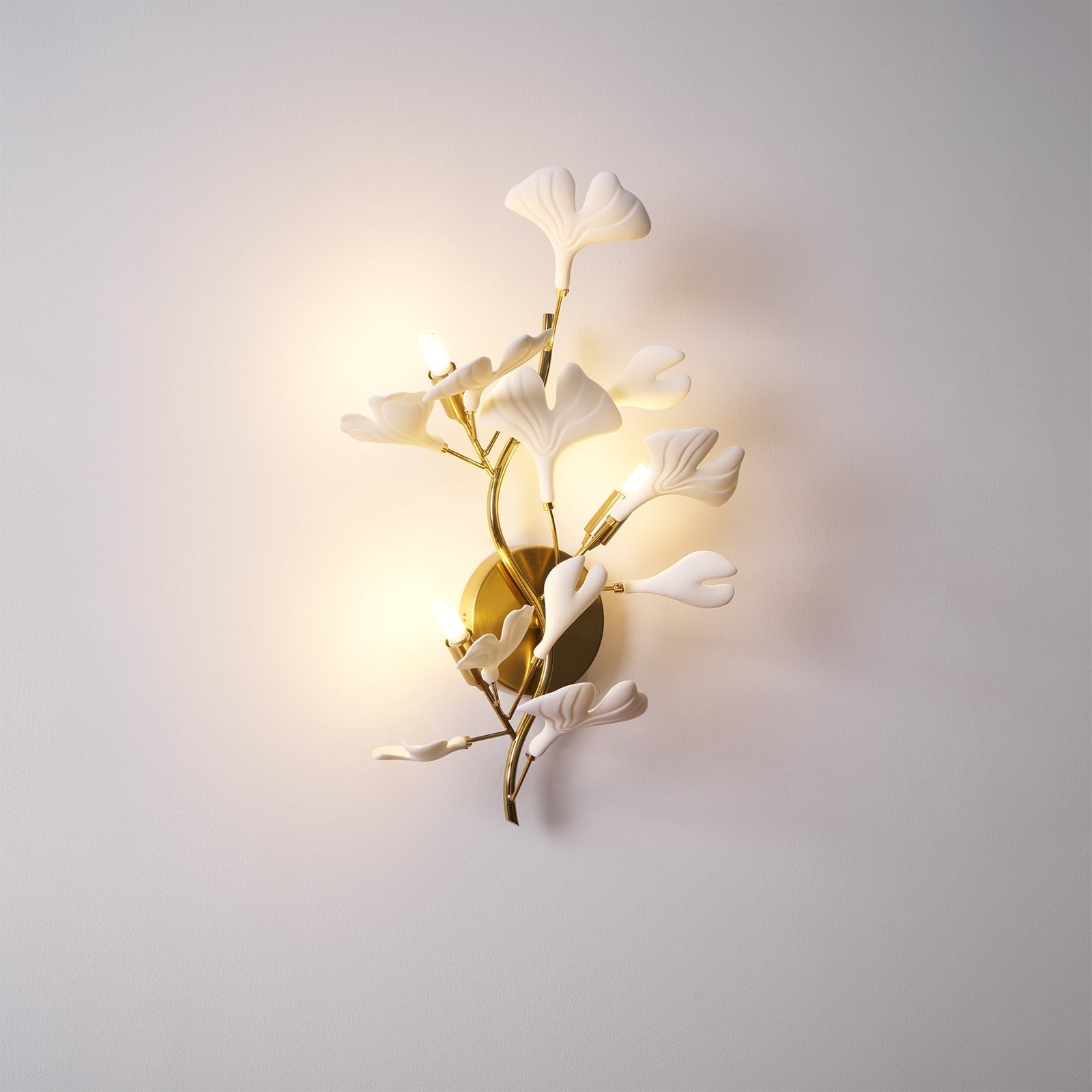 Wall Lamp Gingko Ceramic Petal Shades Gold Art Nouveau