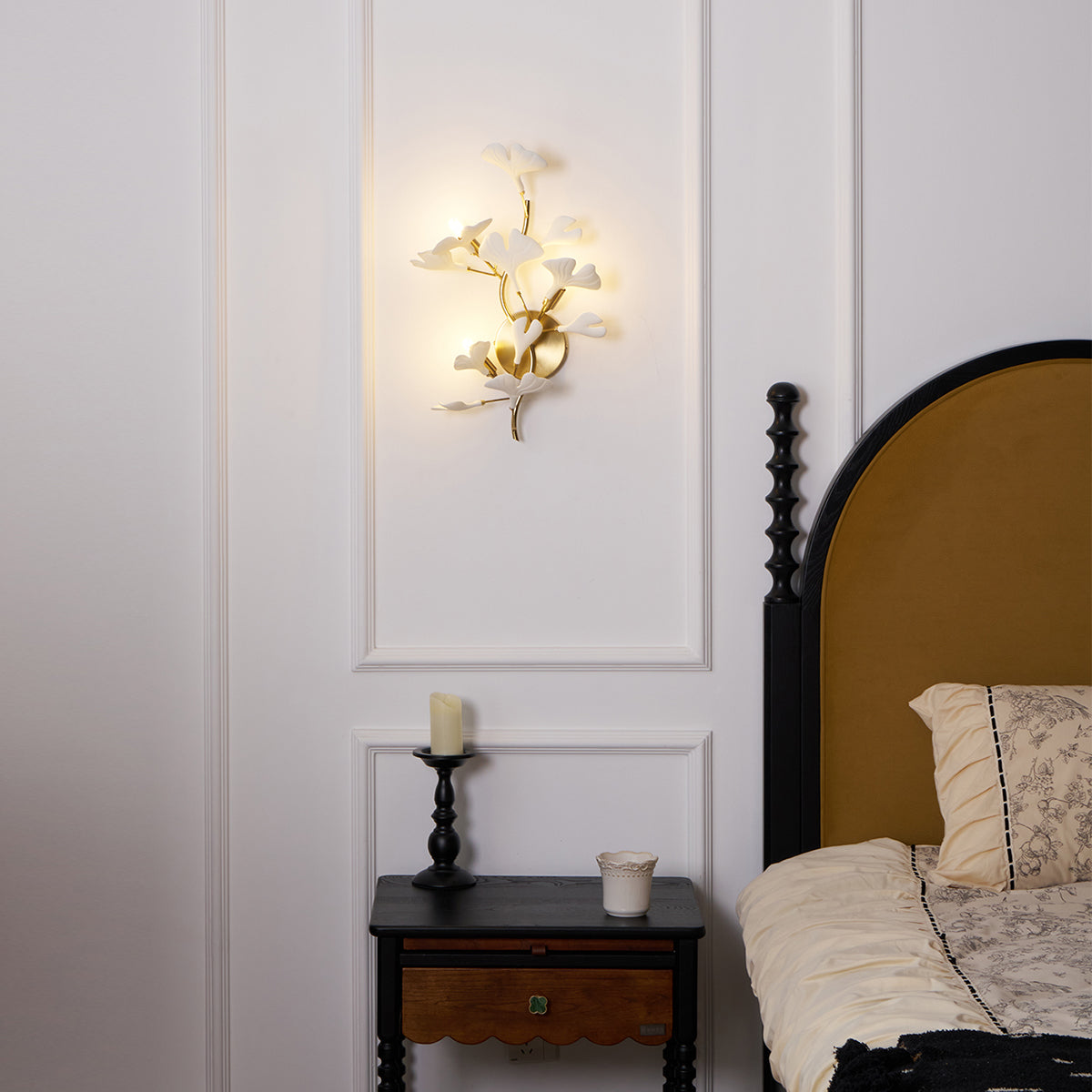 Wall Lamp Gingko Ceramic Petal Shades Gold Art Nouveau