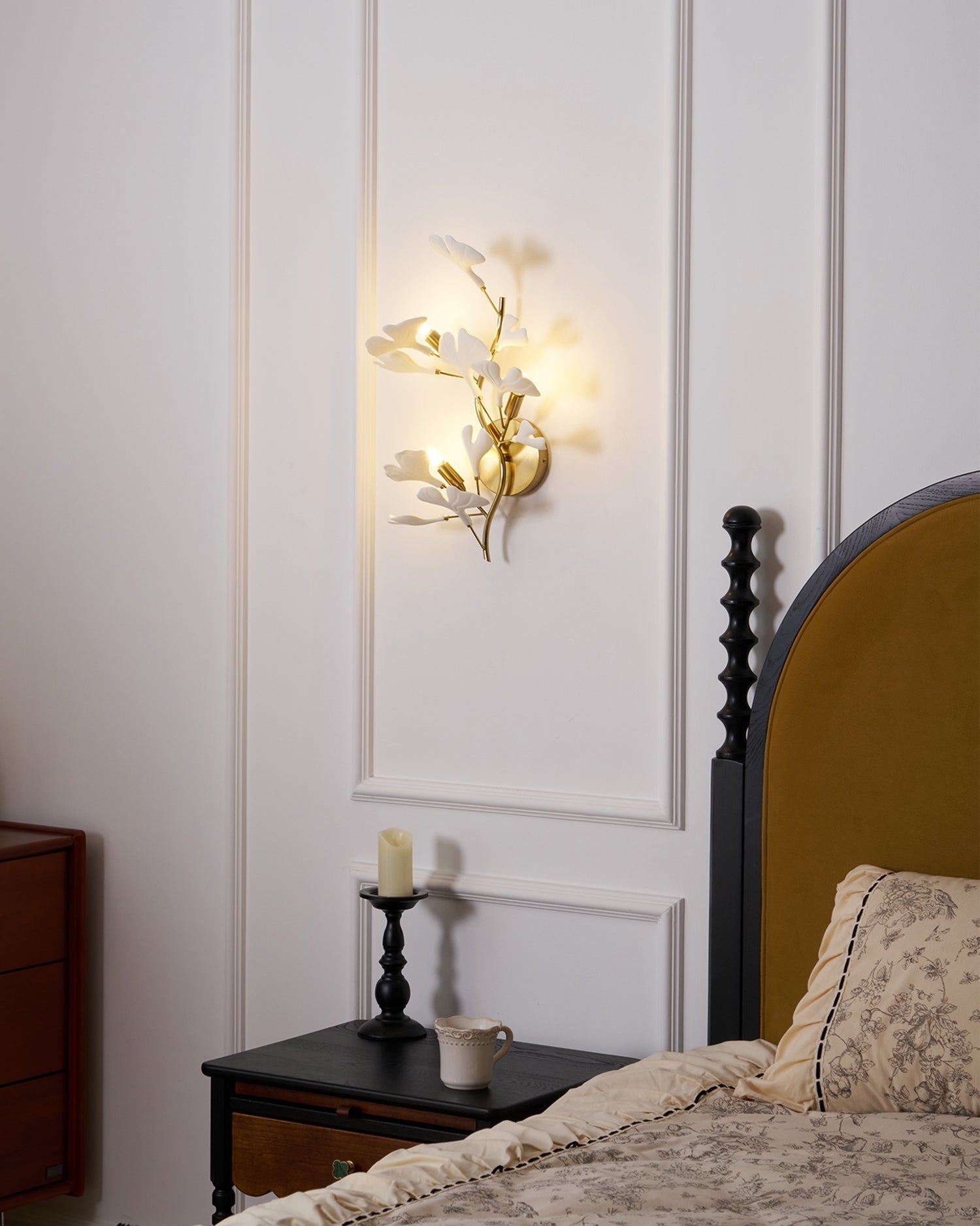 Wall Lamp Gingko Ceramic Petal Shades Gold Art Nouveau