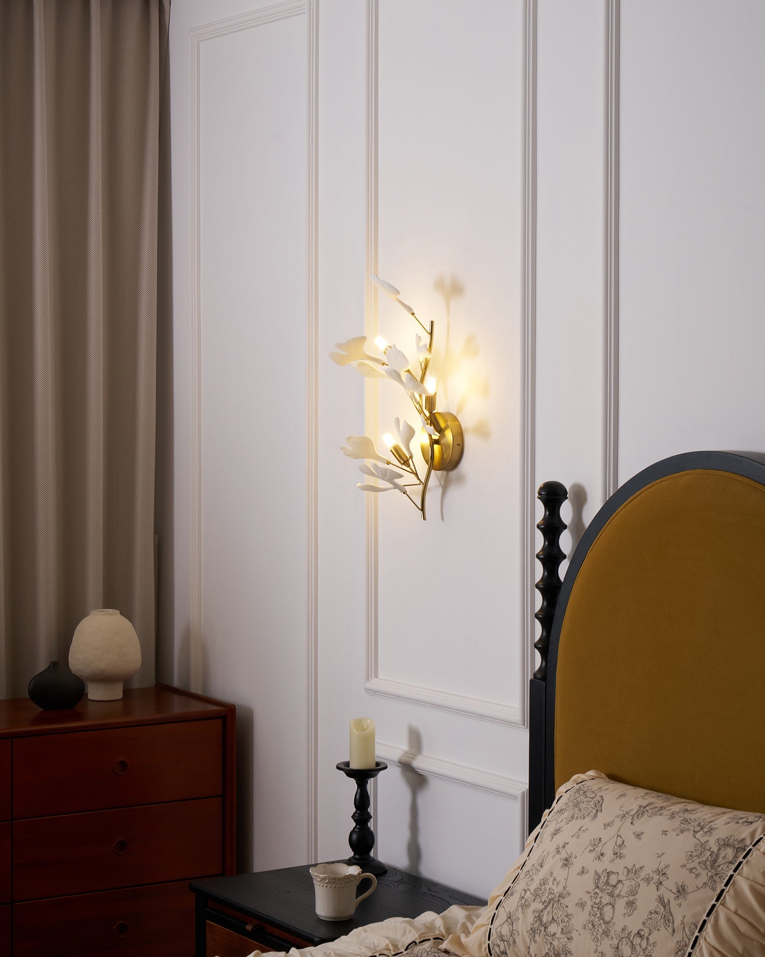 Wall Lamp Gingko Ceramic Petal Shades Gold Art Nouveau
