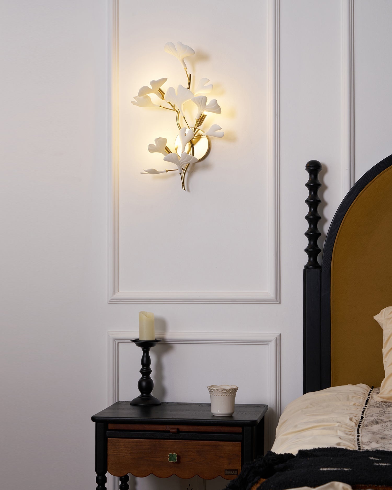 Wall Lamp Gingko Ceramic Petal Shades Gold Art Nouveau