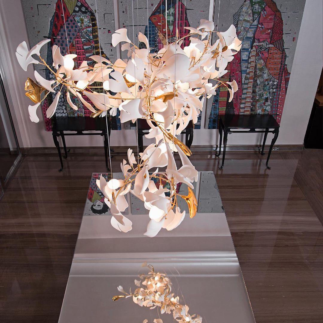 Calix Chandelier Frame Ceramic Gingko Leaf Shade White Gold Modern-Neutral Decor
