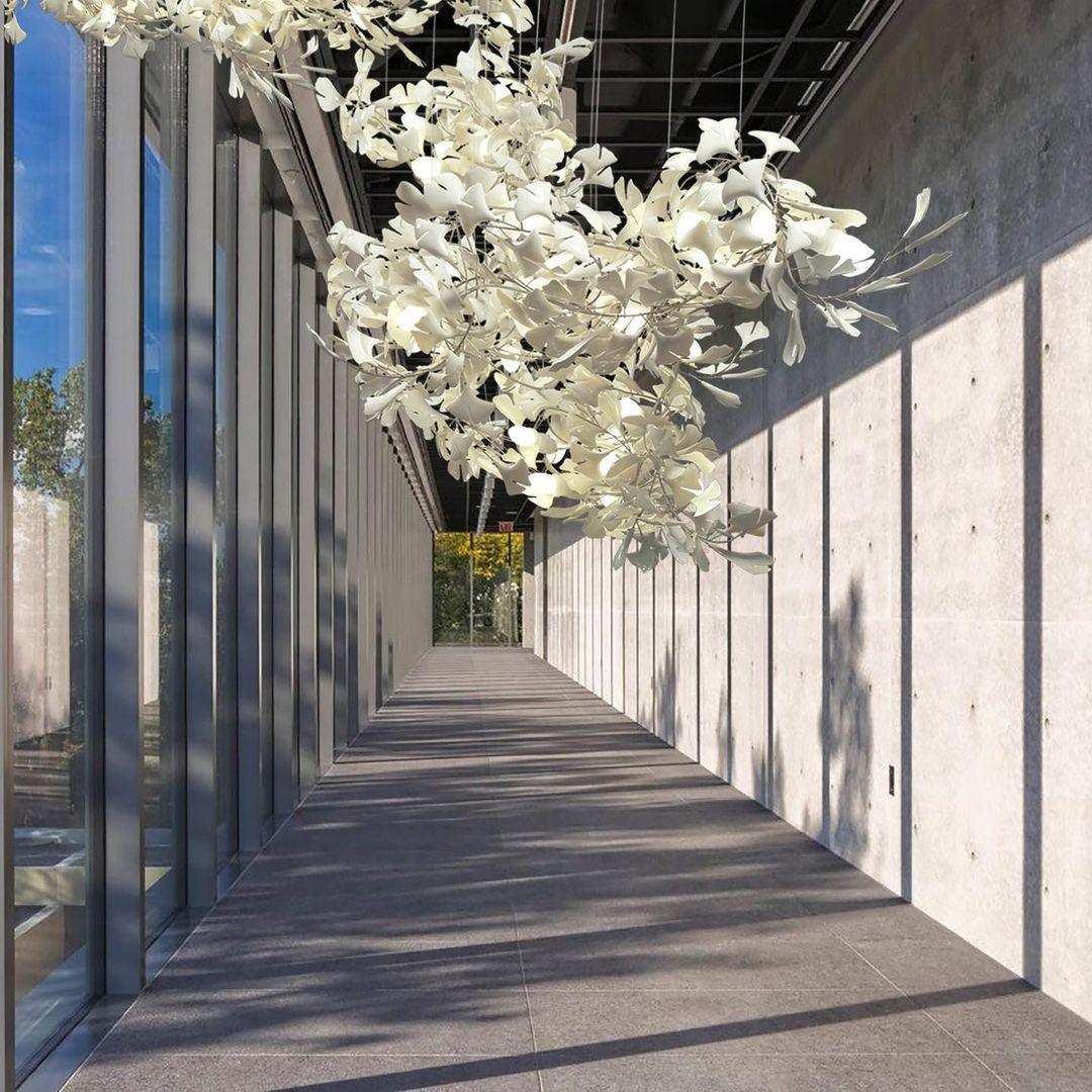 Chandelier Metal Frame Ceramic Gingko Leaf Shade White Gold Modern