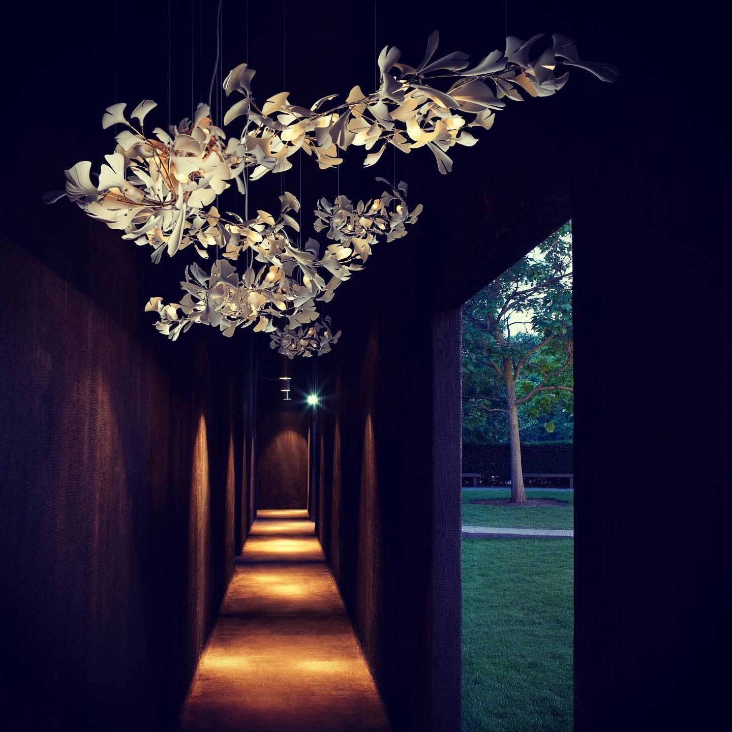 Chandelier Metal Frame Ceramic Gingko Leaf Shade White Gold Modern