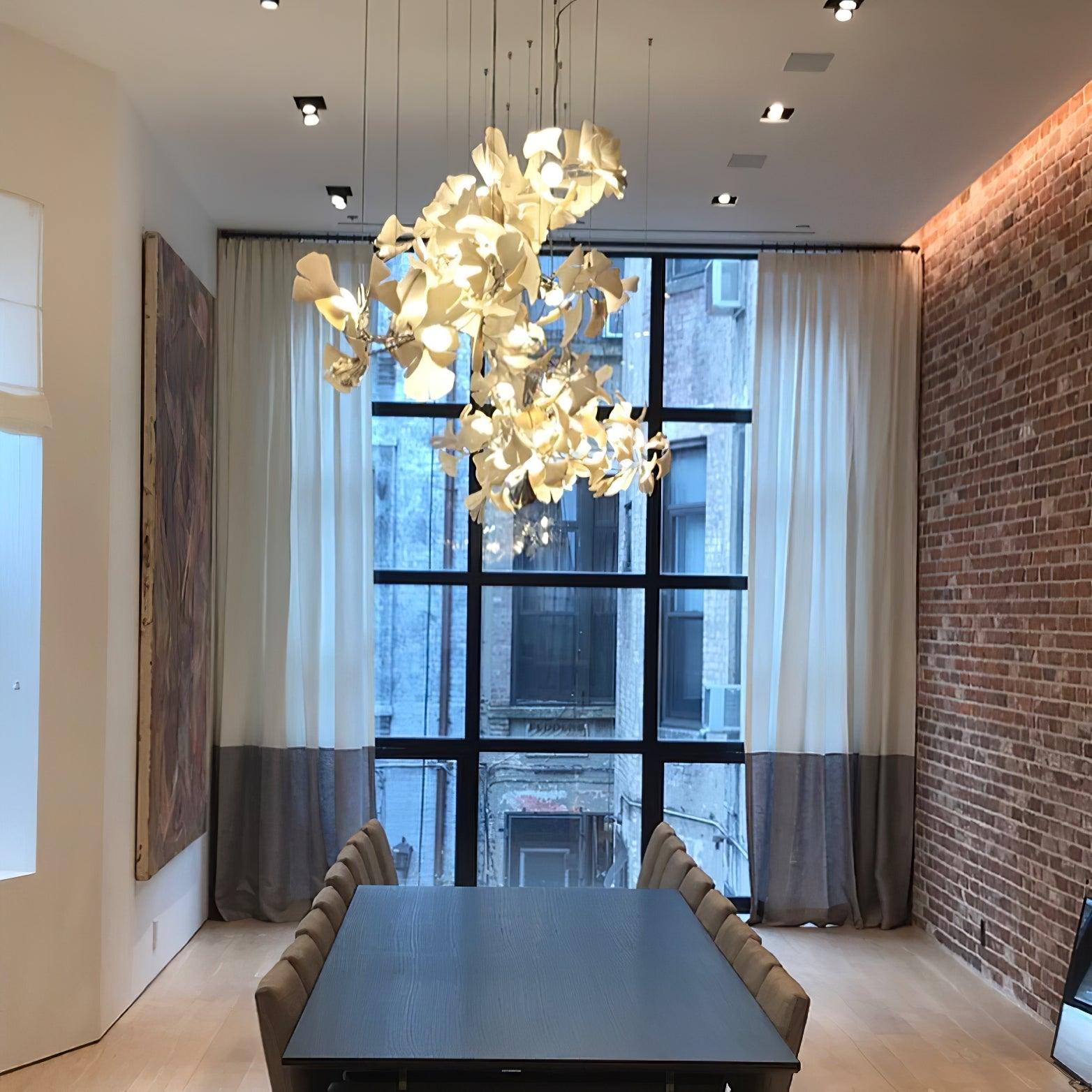 Chandelier Metal Frame Ceramic Gingko Leaf Shade White Gold Modern
