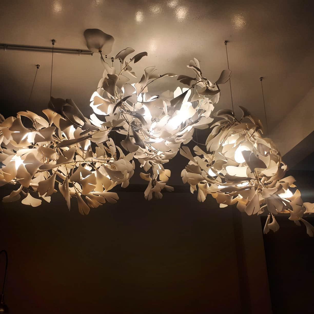 Chandelier Metal Frame Ceramic Gingko Leaf Shade White Gold Modern