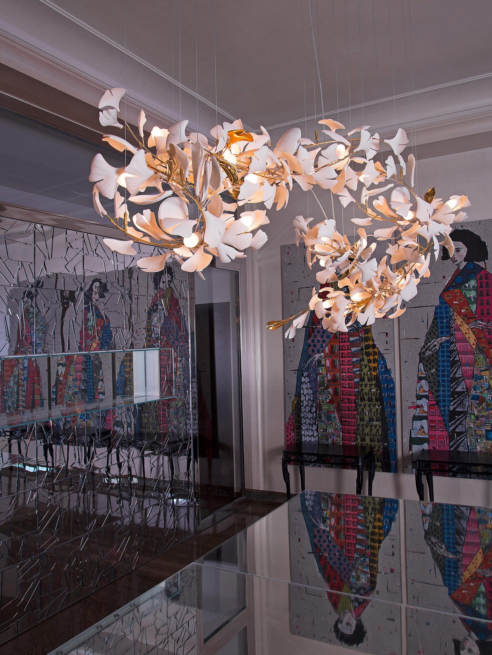 Calix Chandelier Frame Ceramic Gingko Leaf Shade White Gold Modern-Neutral Decor