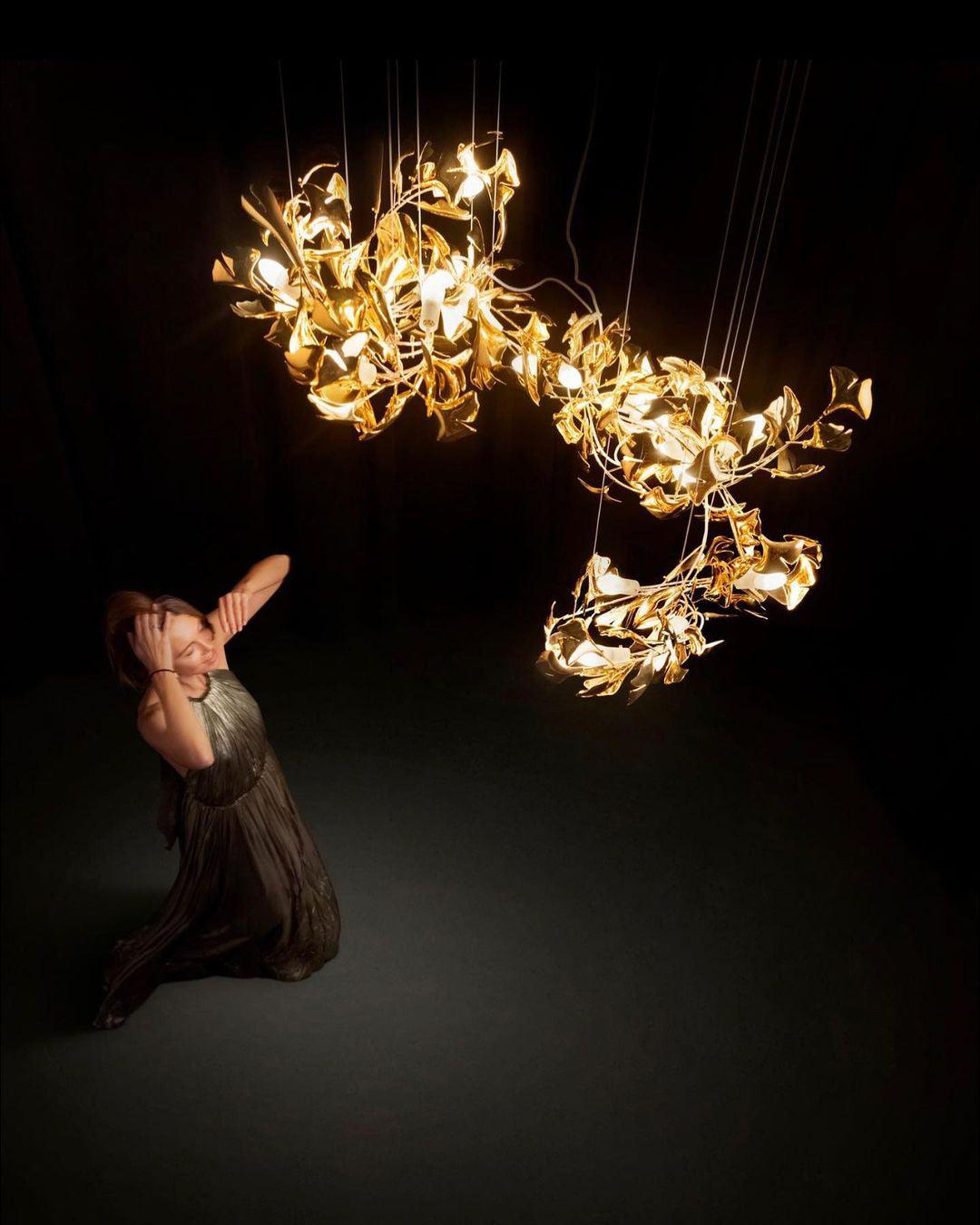 Chandelier Metal Frame Ceramic Gingko Leaf Shade White Gold Modern