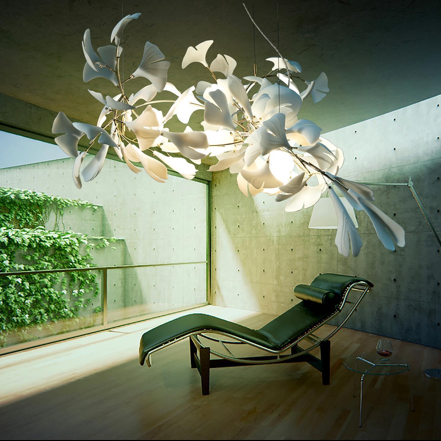 Chandelier Metal Frame Ceramic Gingko Leaf Shade White Gold Modern