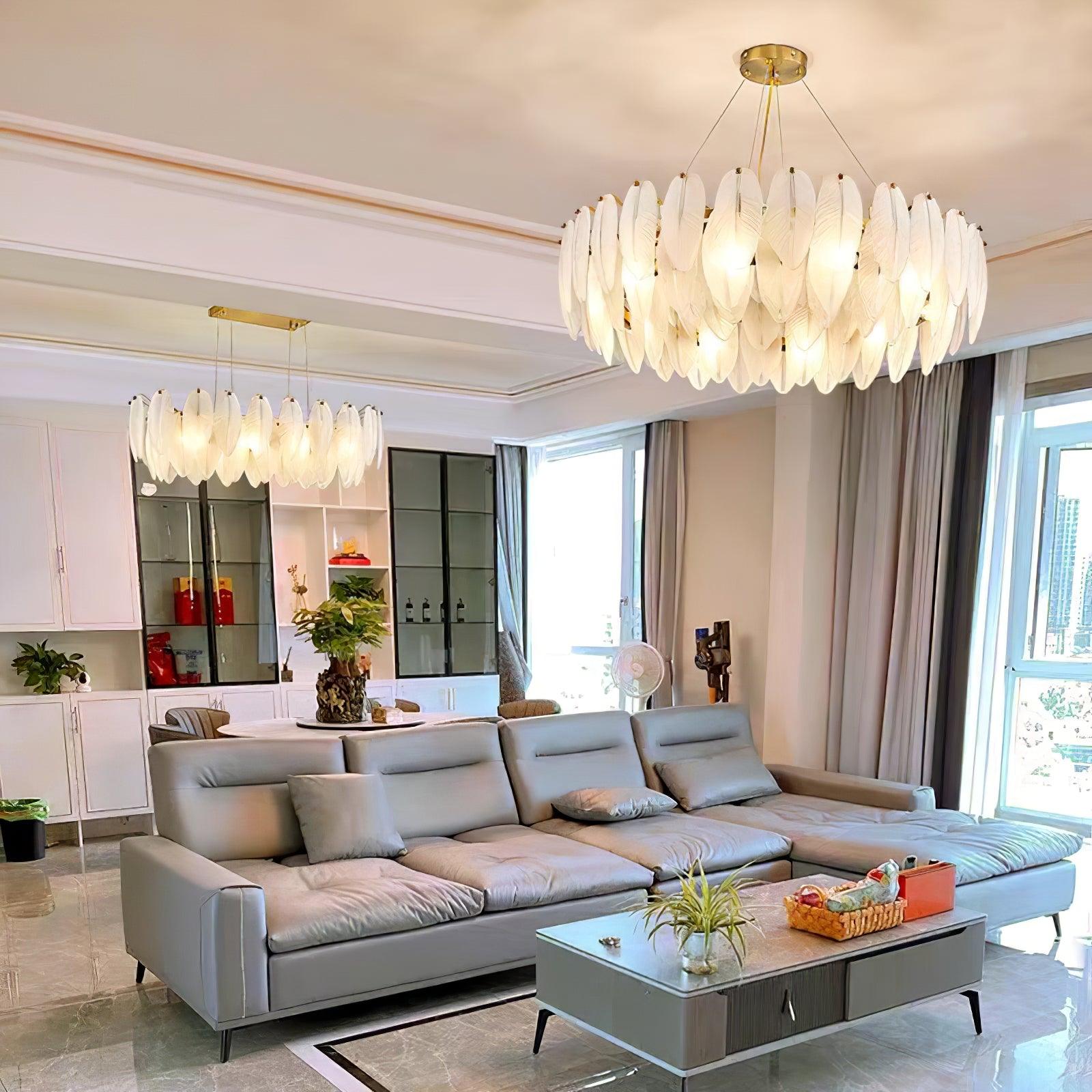 Lustra Chandelier Feather Glass Frosted Layered-Neutral Decor