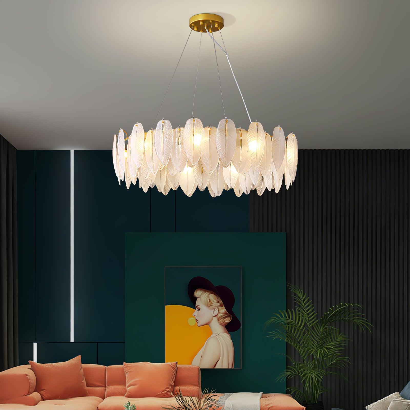 Lustra Chandelier Feather Glass Frosted Layered-Neutral Decor