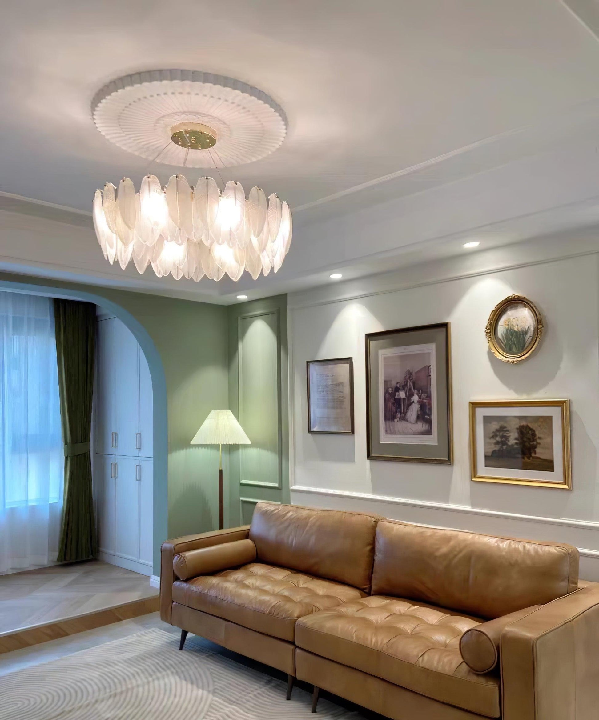 Lustra Chandelier Feather Glass Frosted Layered-Neutral Decor