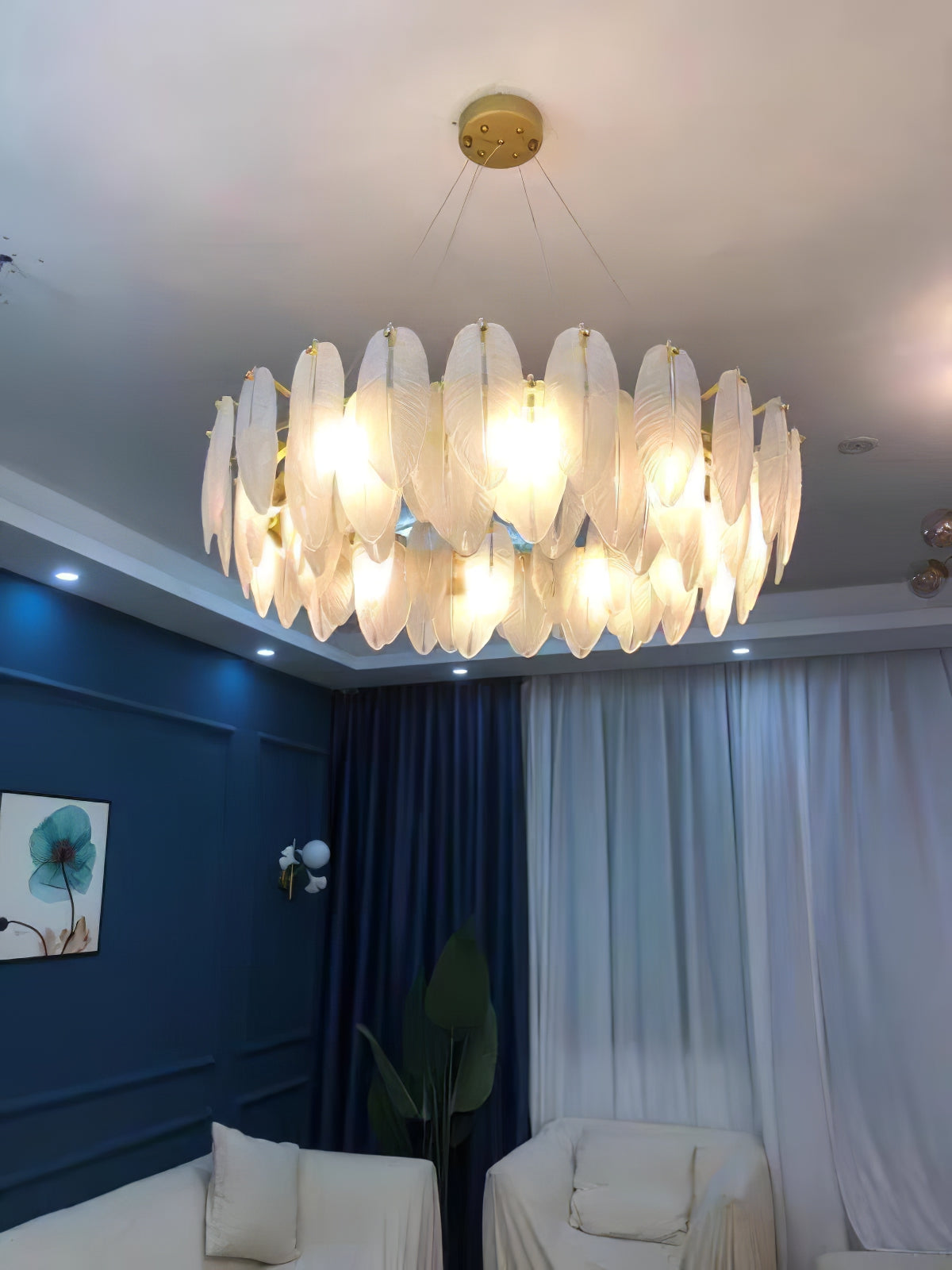 Lustra Chandelier Feather Glass Frosted Layered-Neutral Decor