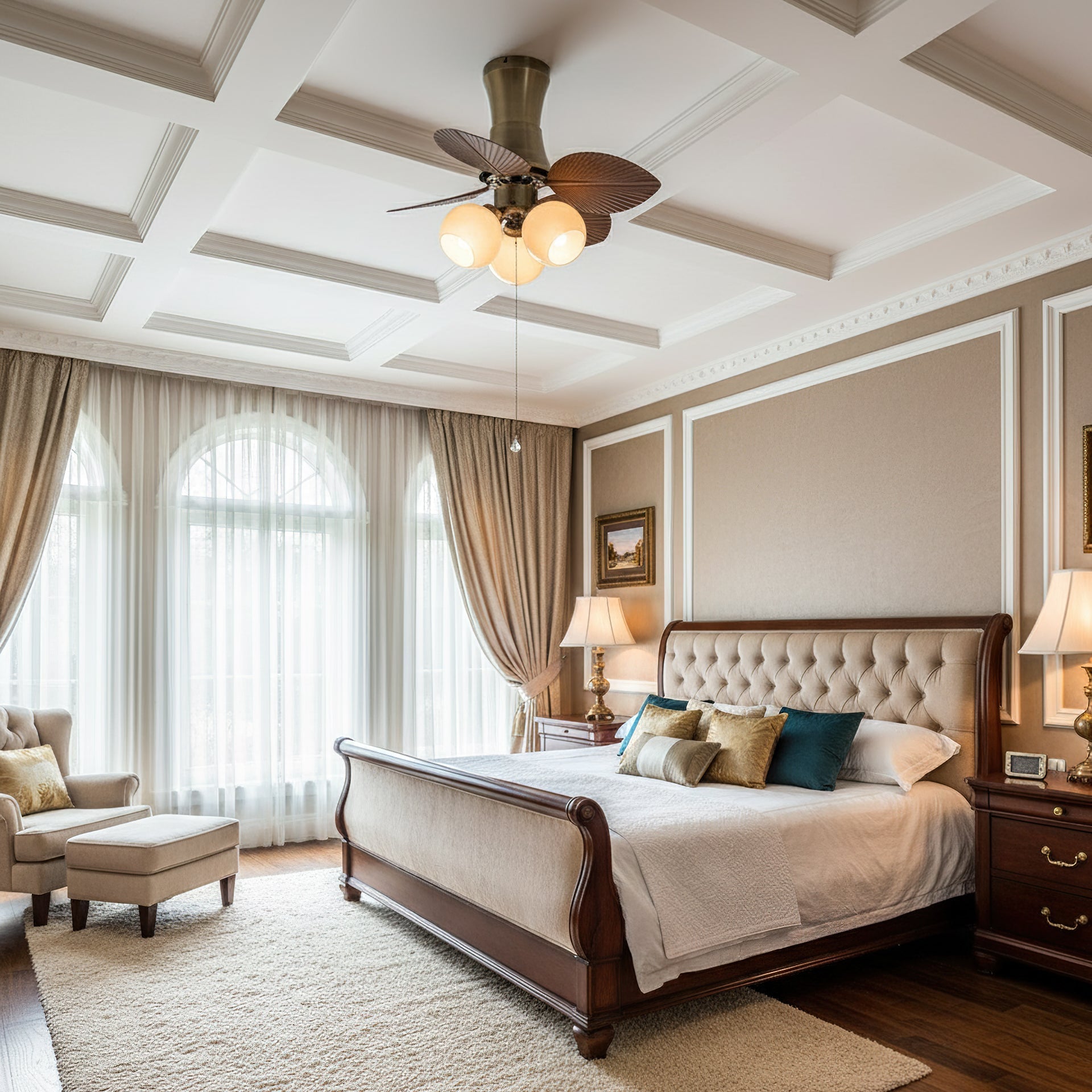 Angled view of the Glauk Ceiling Fan with Walnut finish blades.