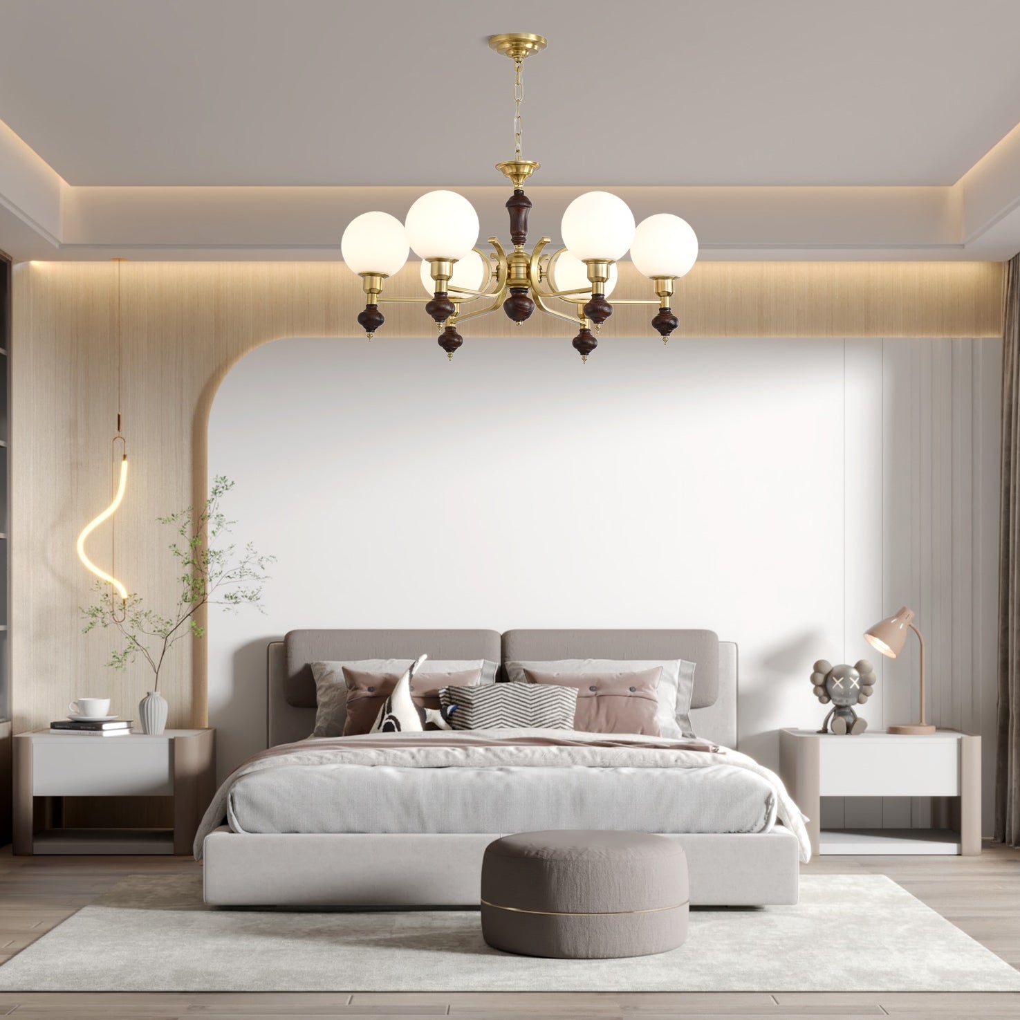 Nesvin Chandelier Wood & Brass Globe Orb-Neutral Decor