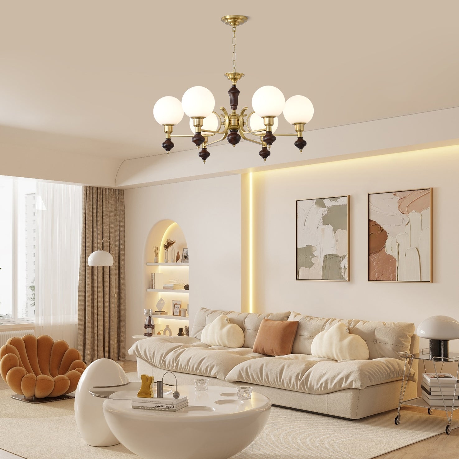 Nesvin Chandelier Wood & Brass Globe Orb-Neutral Decor
