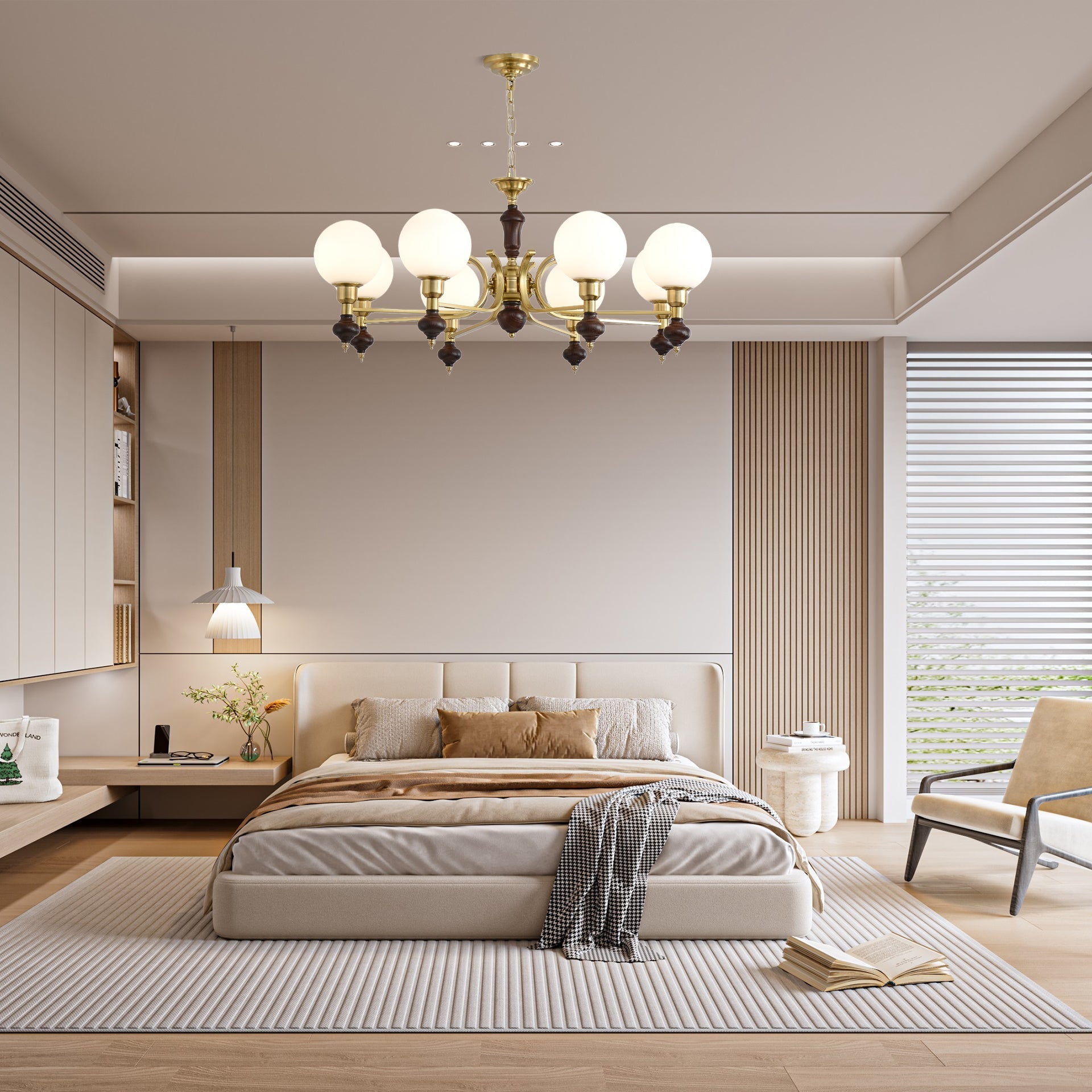 Nesvin Chandelier Wood & Brass Globe Orb-Neutral Decor