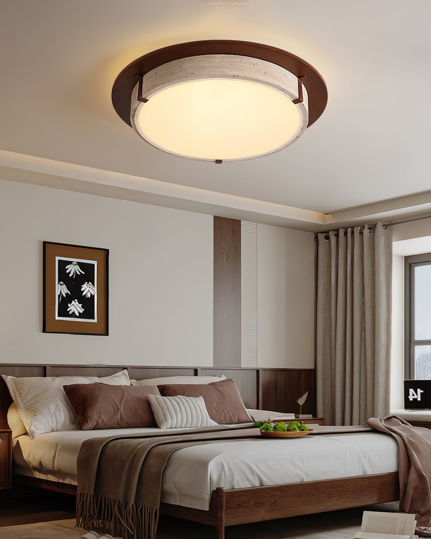 The Goeco Ceiling Light installed in a serene, minimalist bedroom.