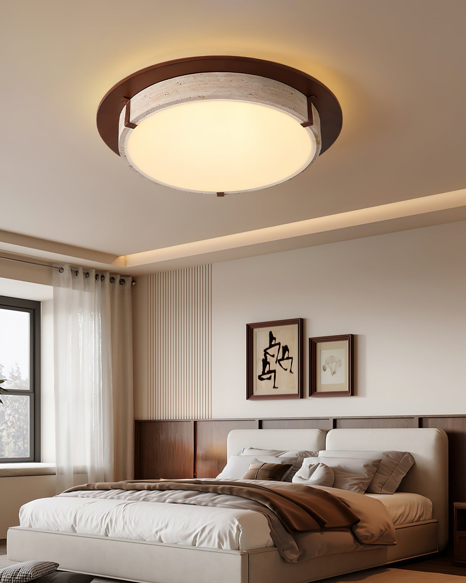 Close-up detail of the natural travertine stone on the Goeco light.